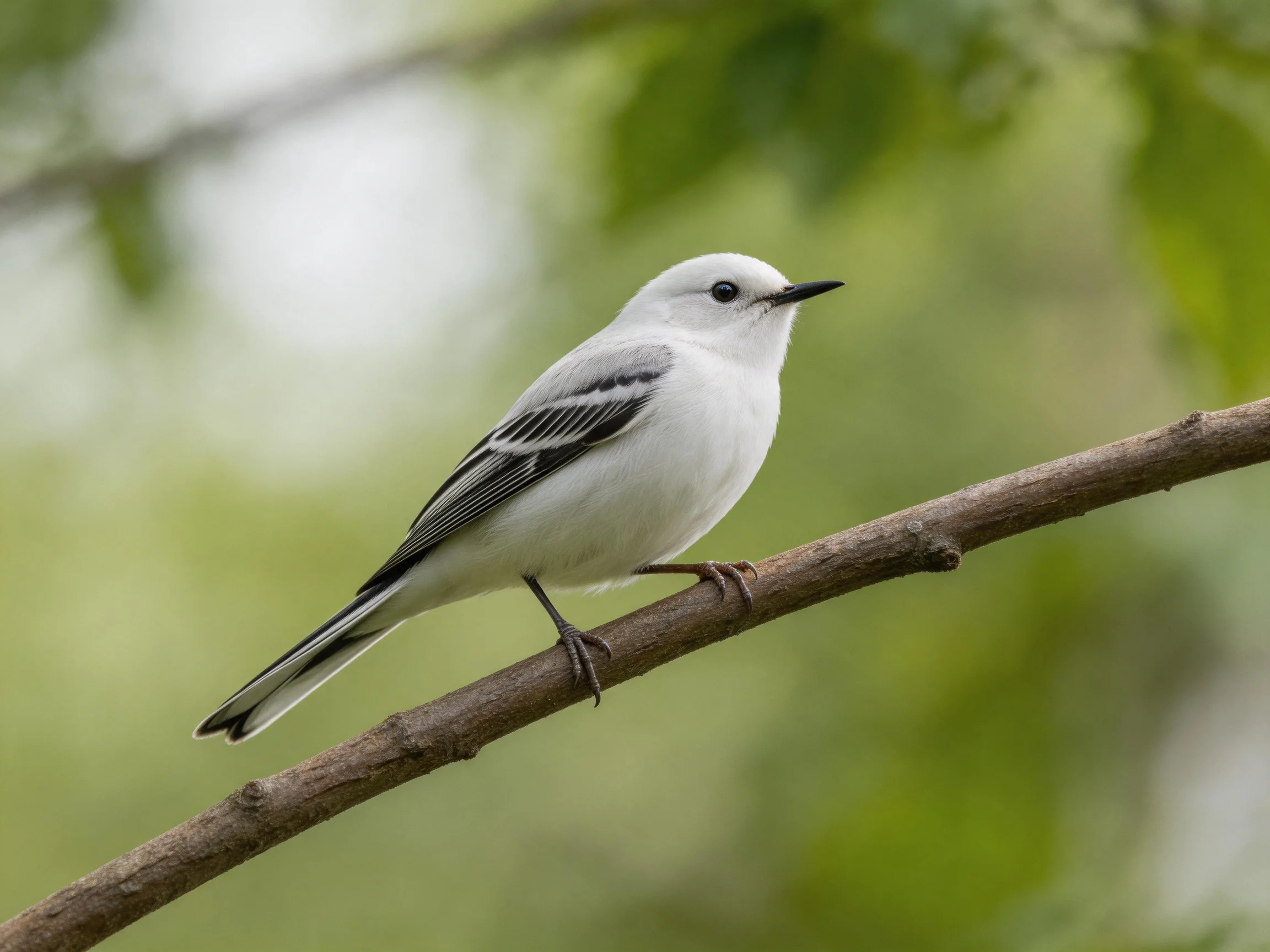 A small white bird with black wing markings rests on a brown branch amid green foliage.