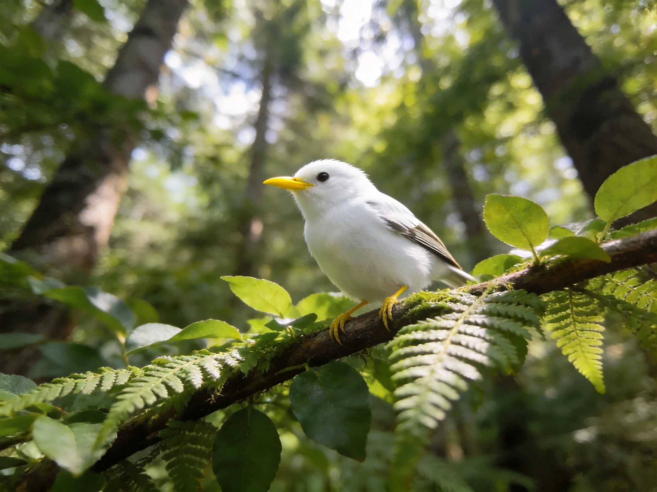 A small white bird with yellow beak perched on a mossy forest branch