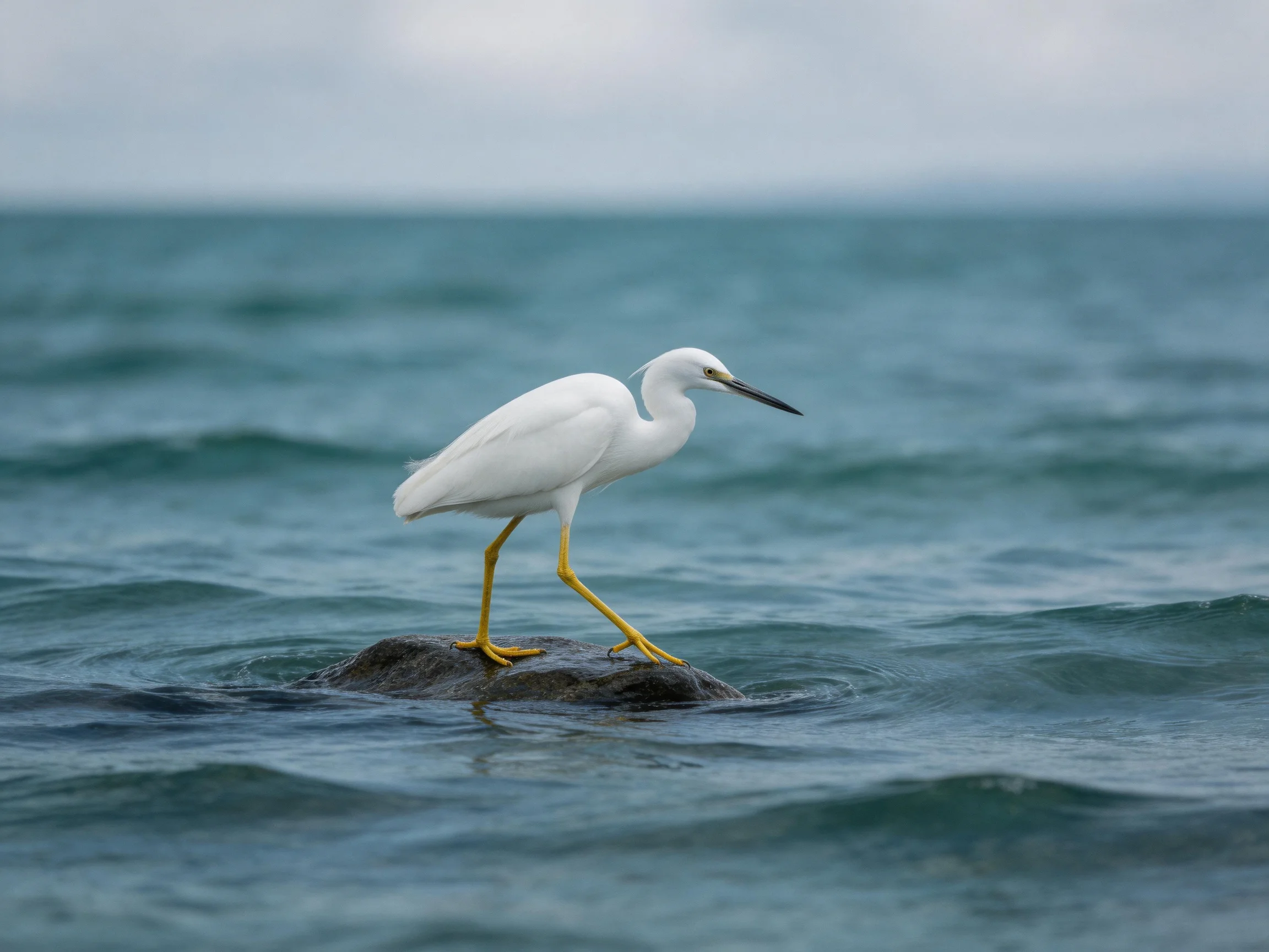 A small white egret stands on a rock in expansive blue waters