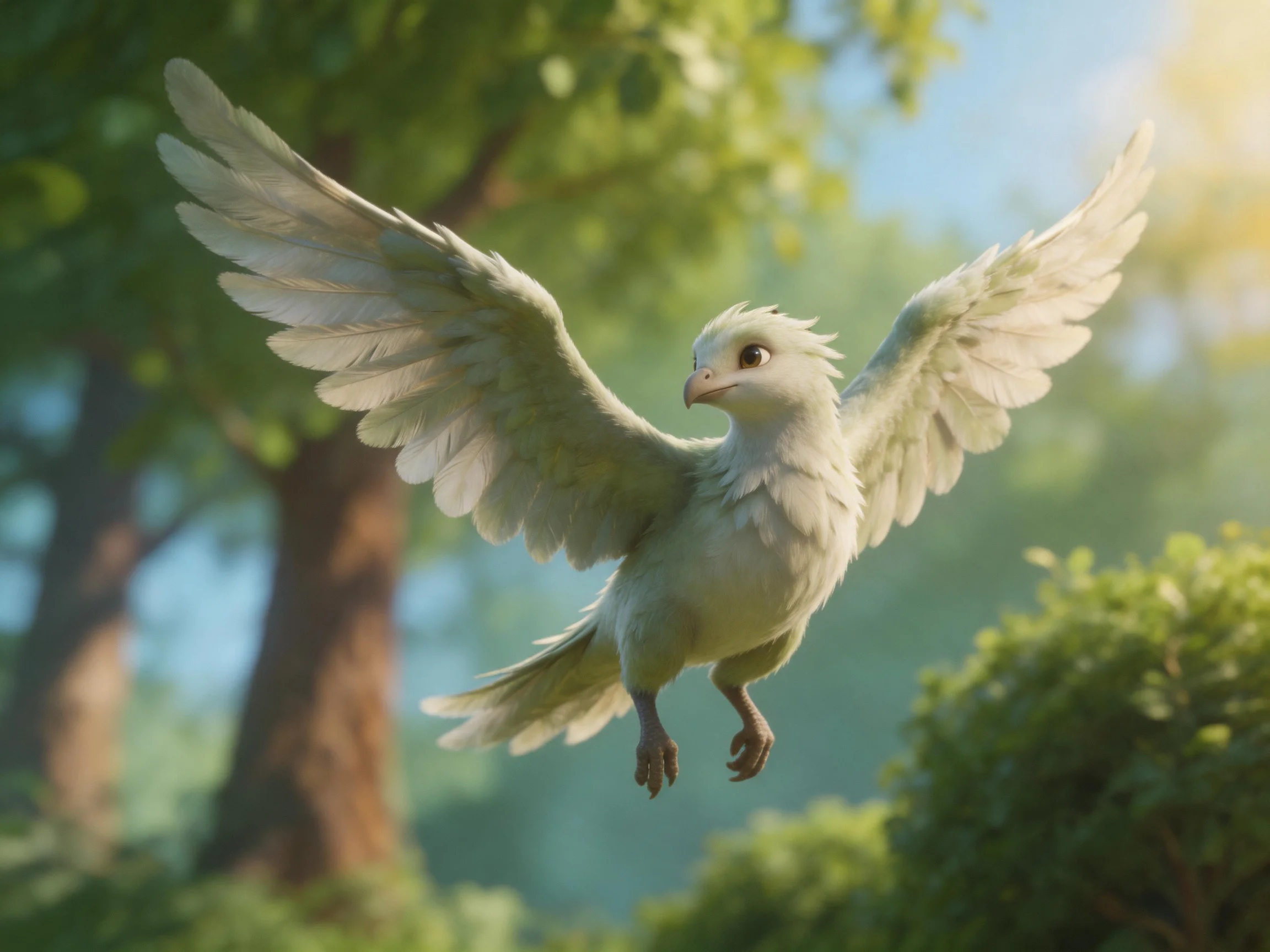 A small white feathered creature glides through a sunlit forest