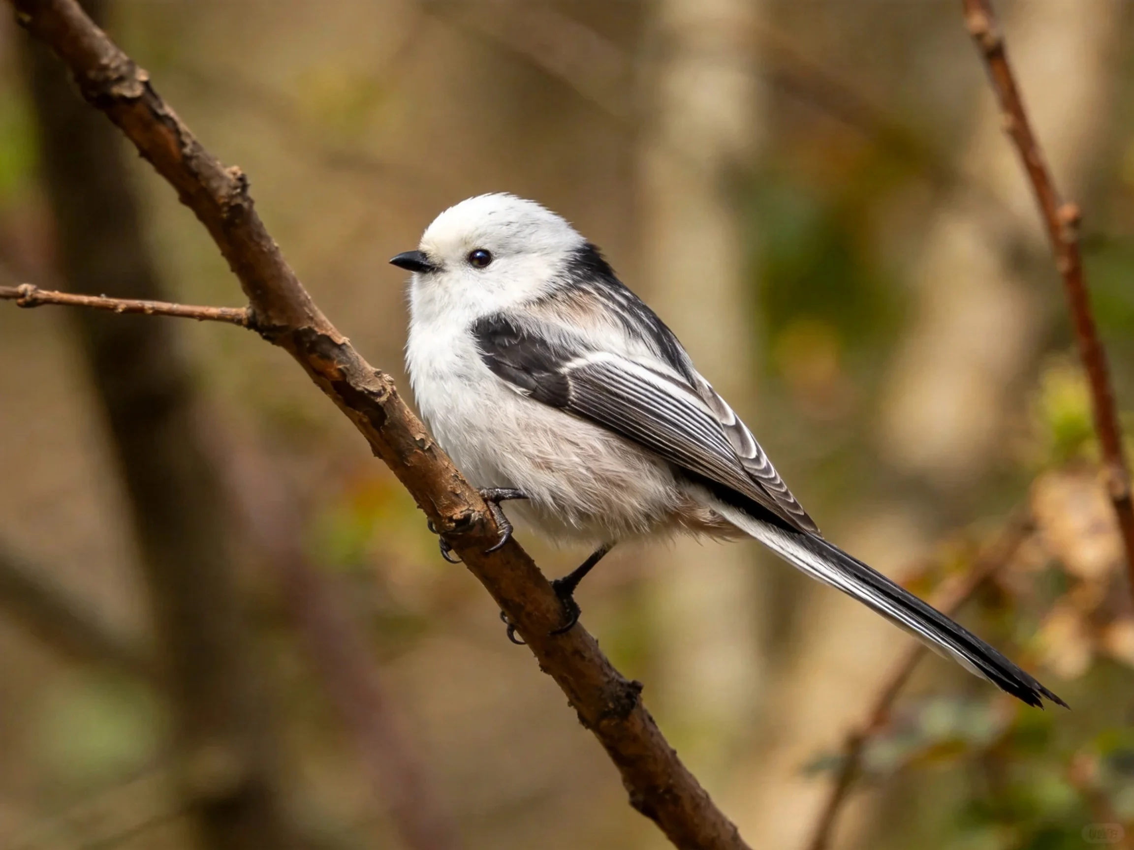 A small white-headed bird with a long tail perched on a brown branch