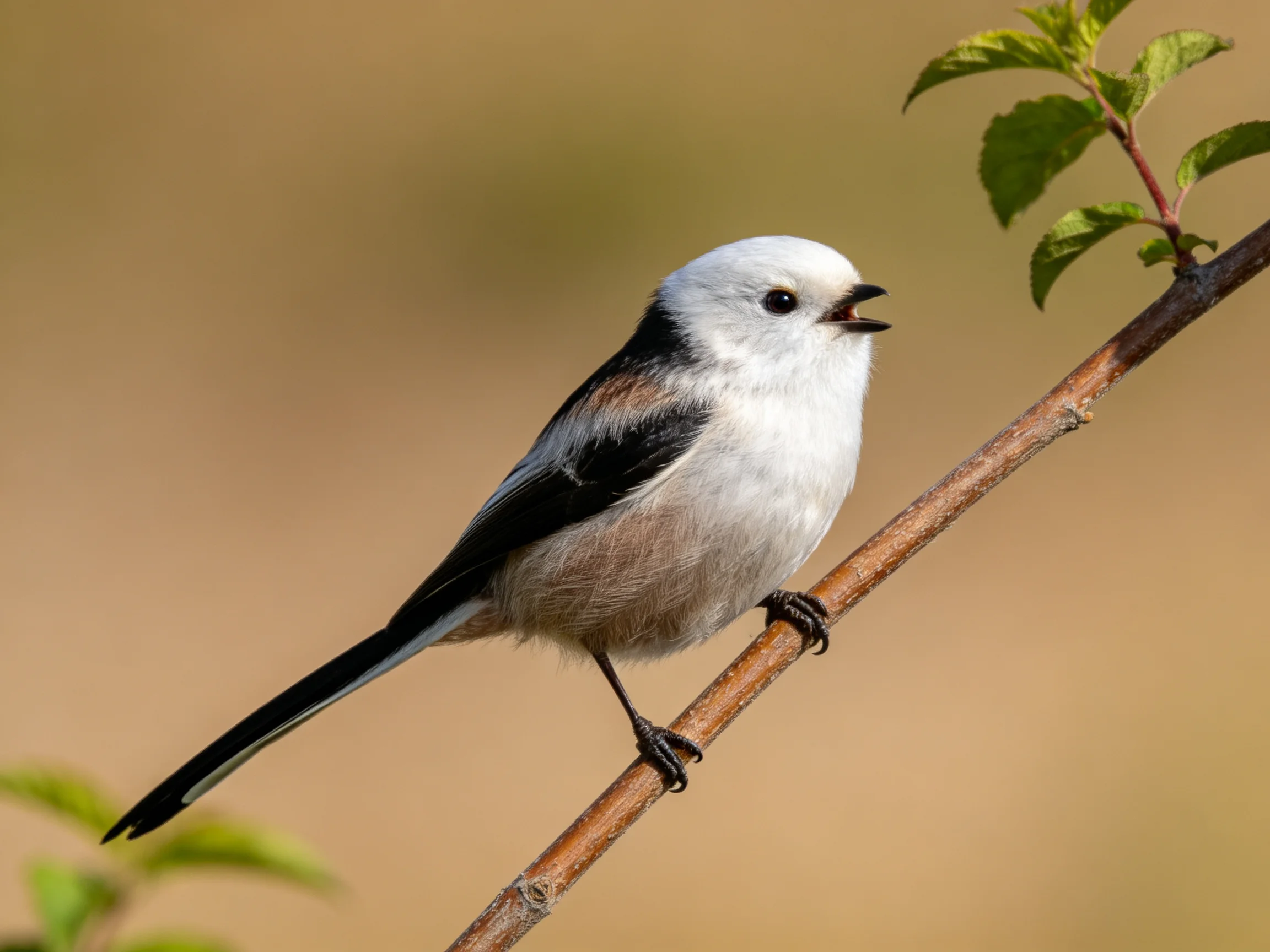 A small white-headed bird with black wings rests on a branch in a softly lit environment.