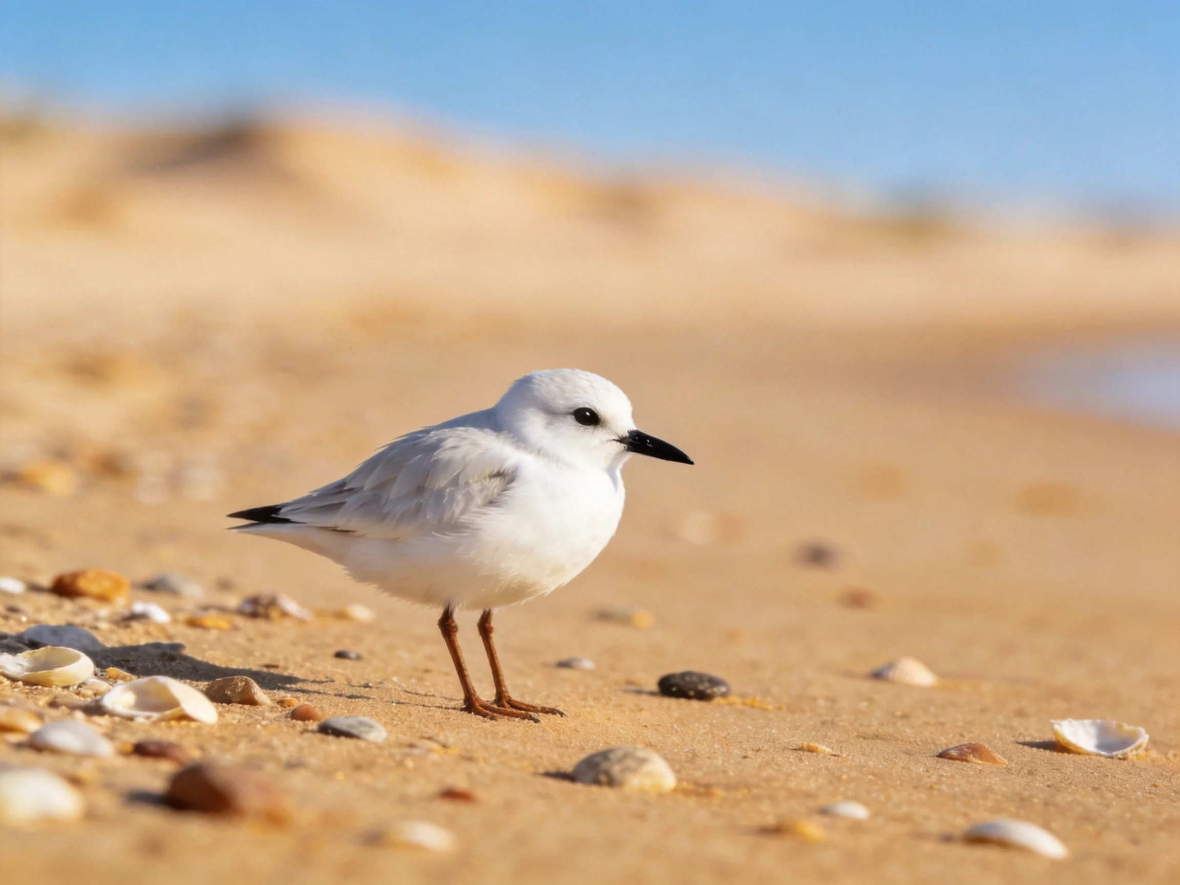 A small white seabird on a sandy beach with scattered shells