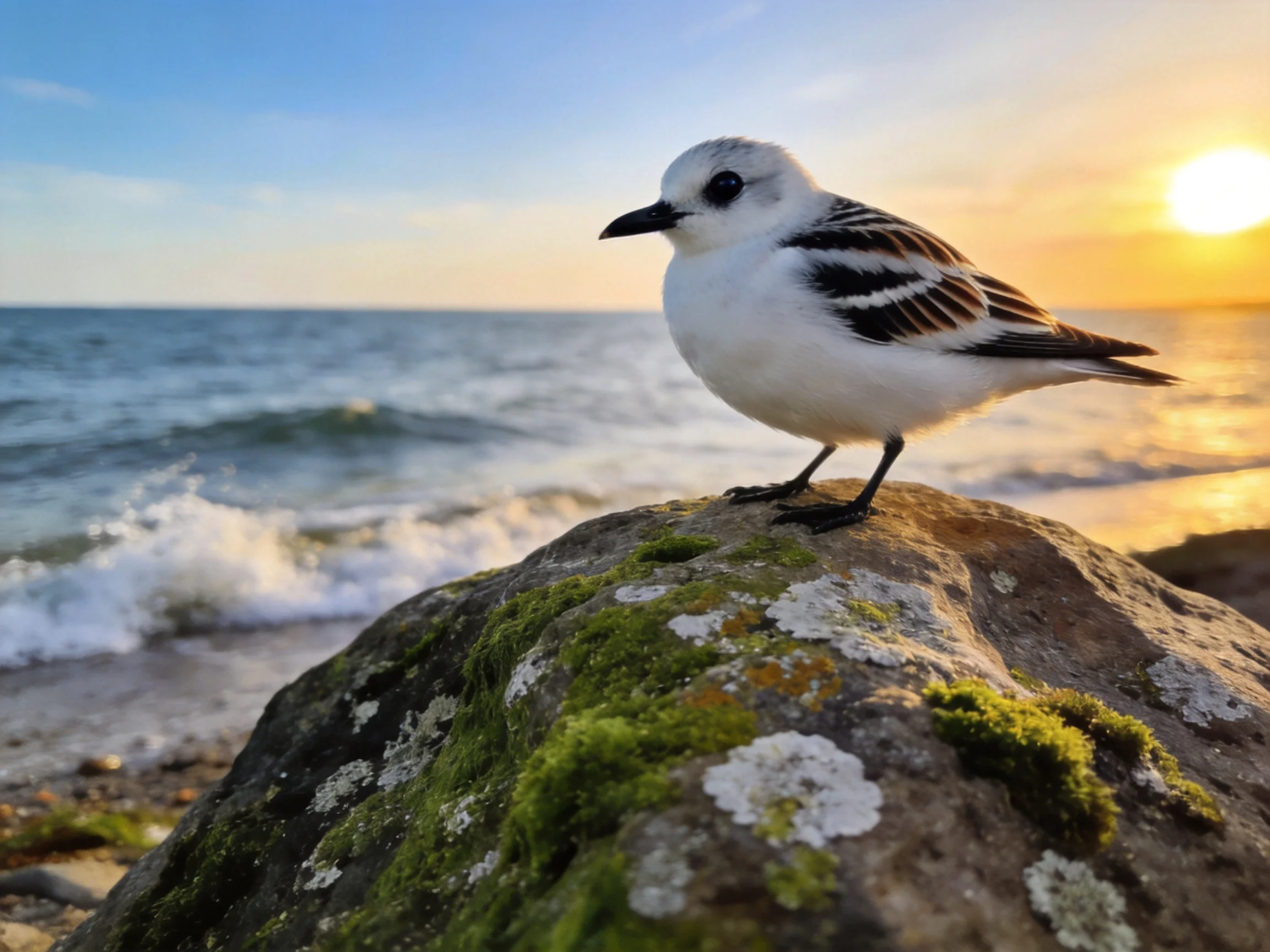 A small seabird rests on a mossy coastal rock with the ocean and setting sun in the background.