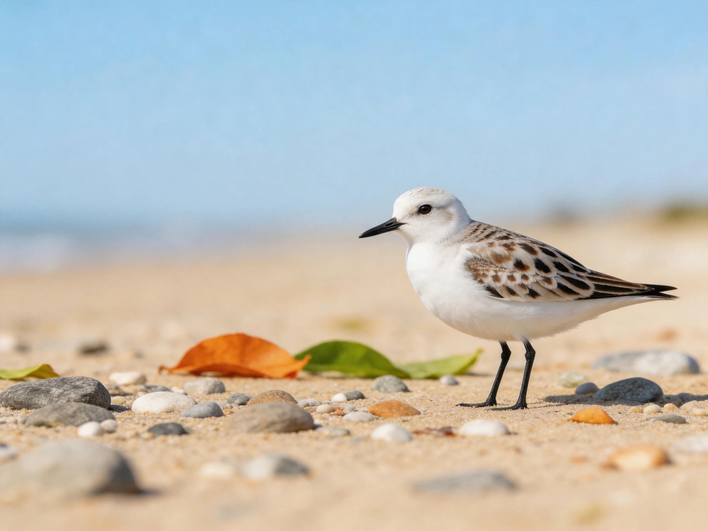 A small white-spotted bird on a pebbly sandy beach