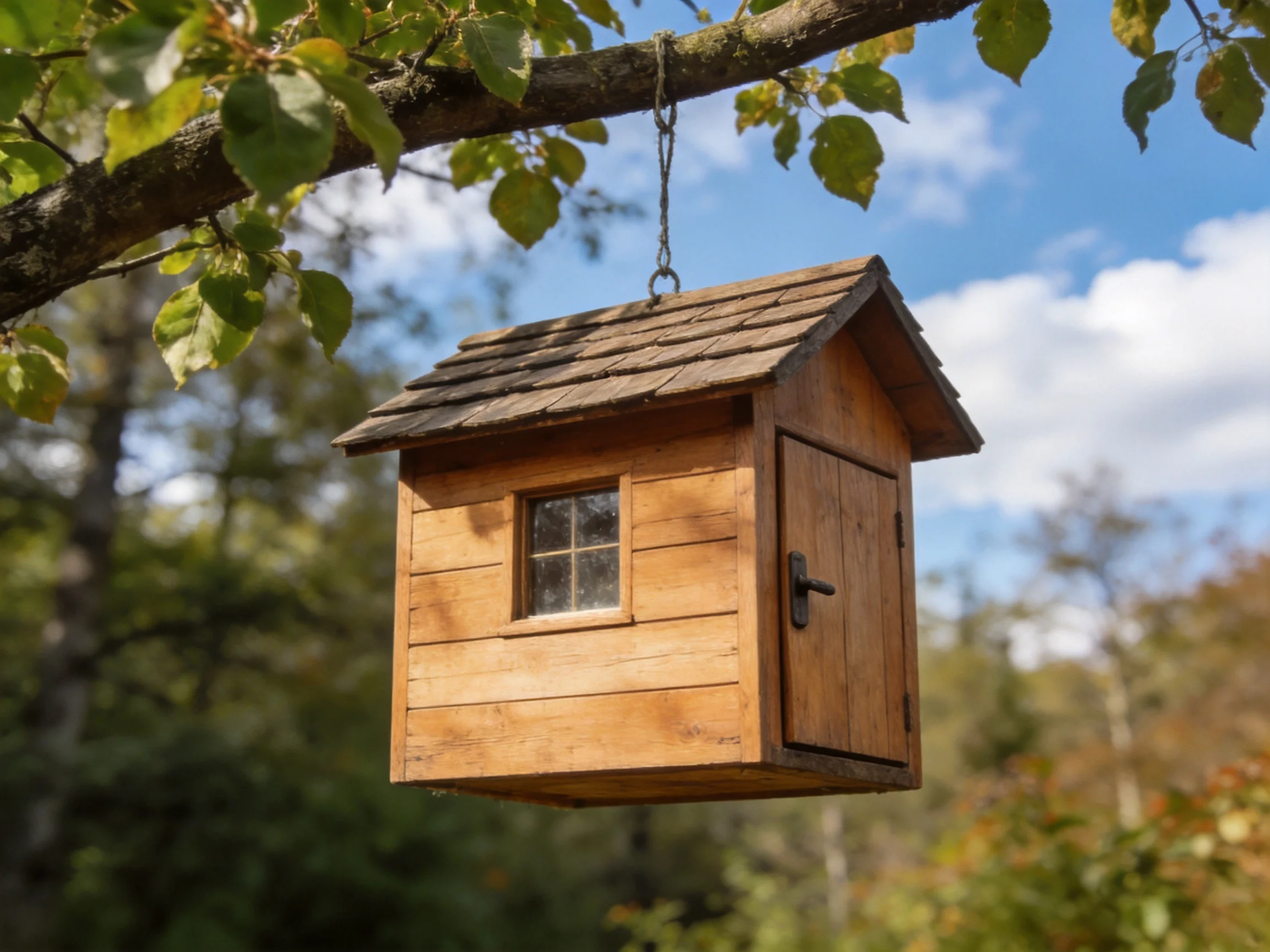 A small wooden birdhouse hangs from a tree branch