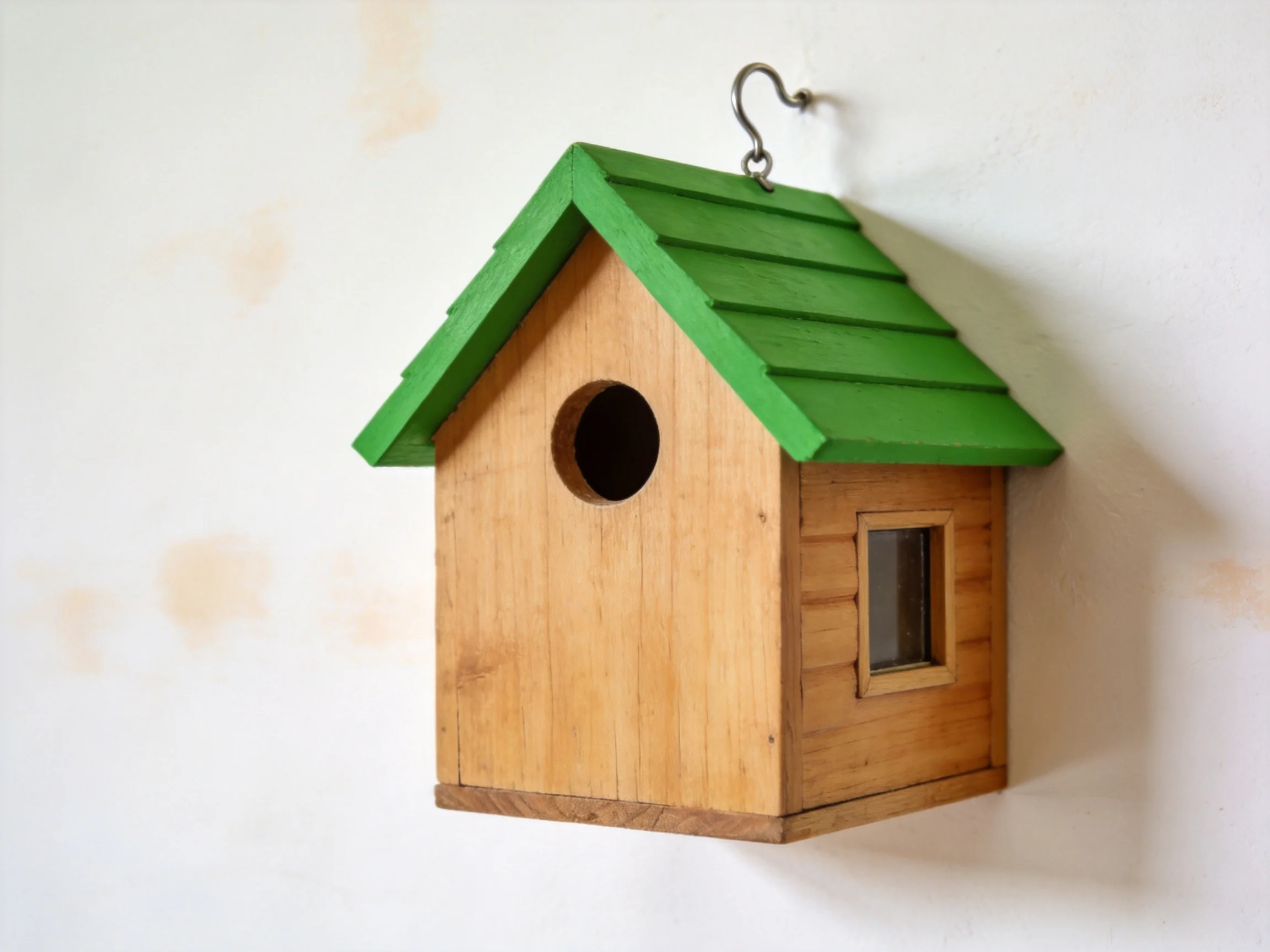 A small wooden birdhouse with green roof and metal hook