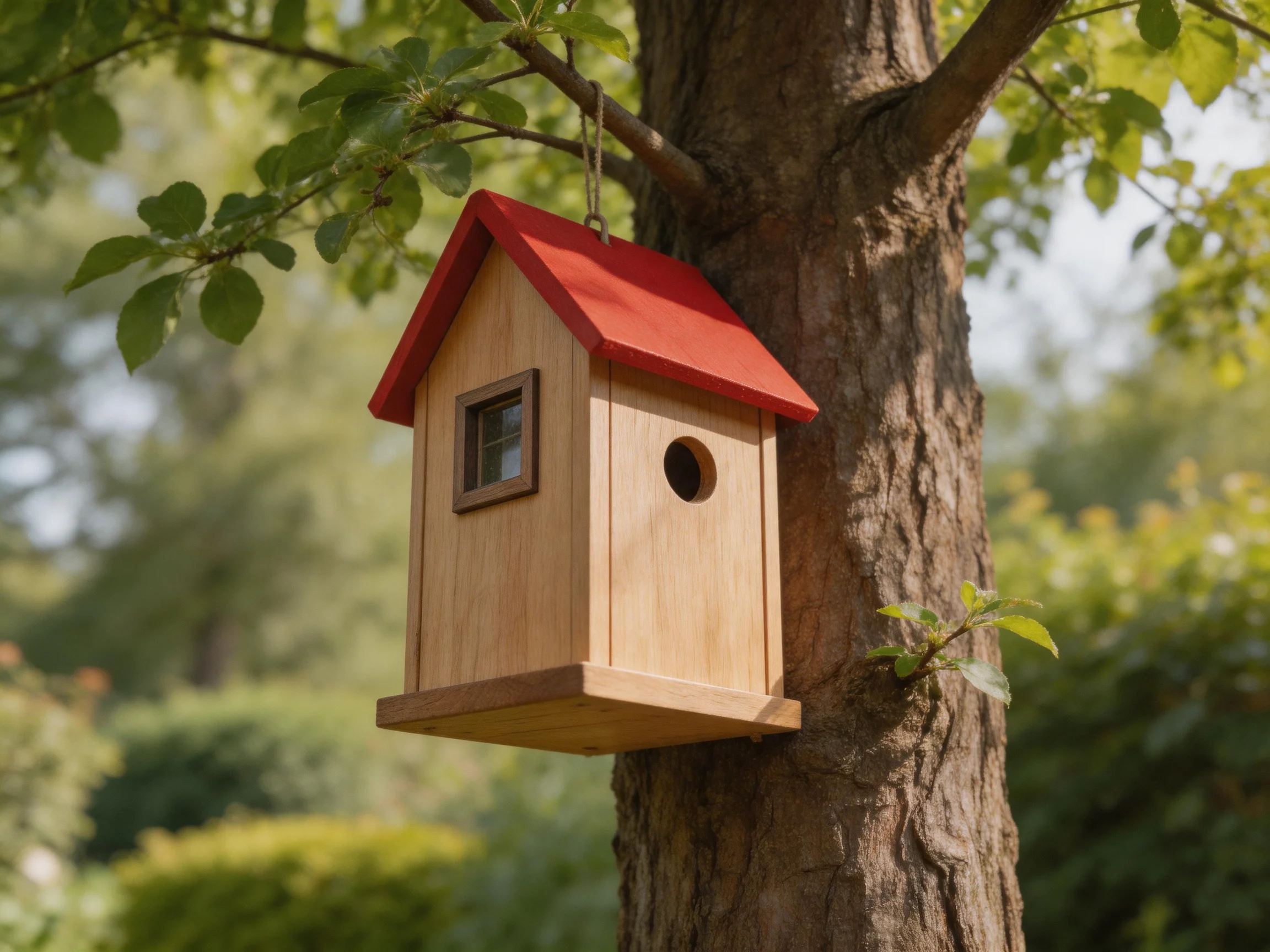 A small wooden birdhouse with red roof attached to a tree trunk