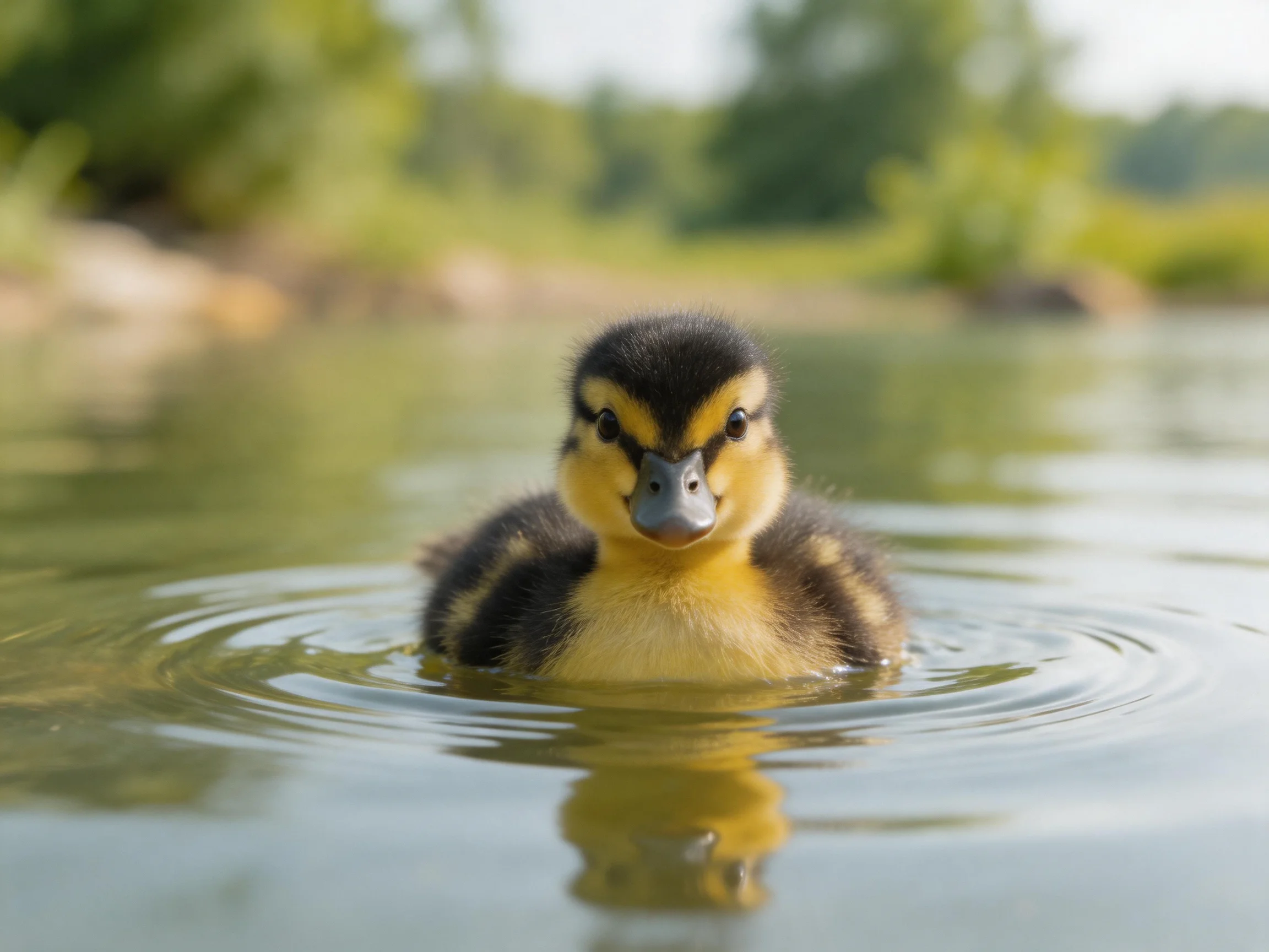 A small yellow and black duckling swims in calmwater