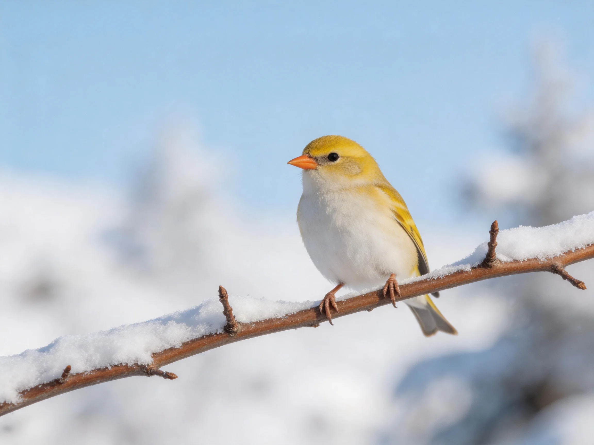 A small yellow and white bird rests on a snow-laden branch amid a bright winter landscape.