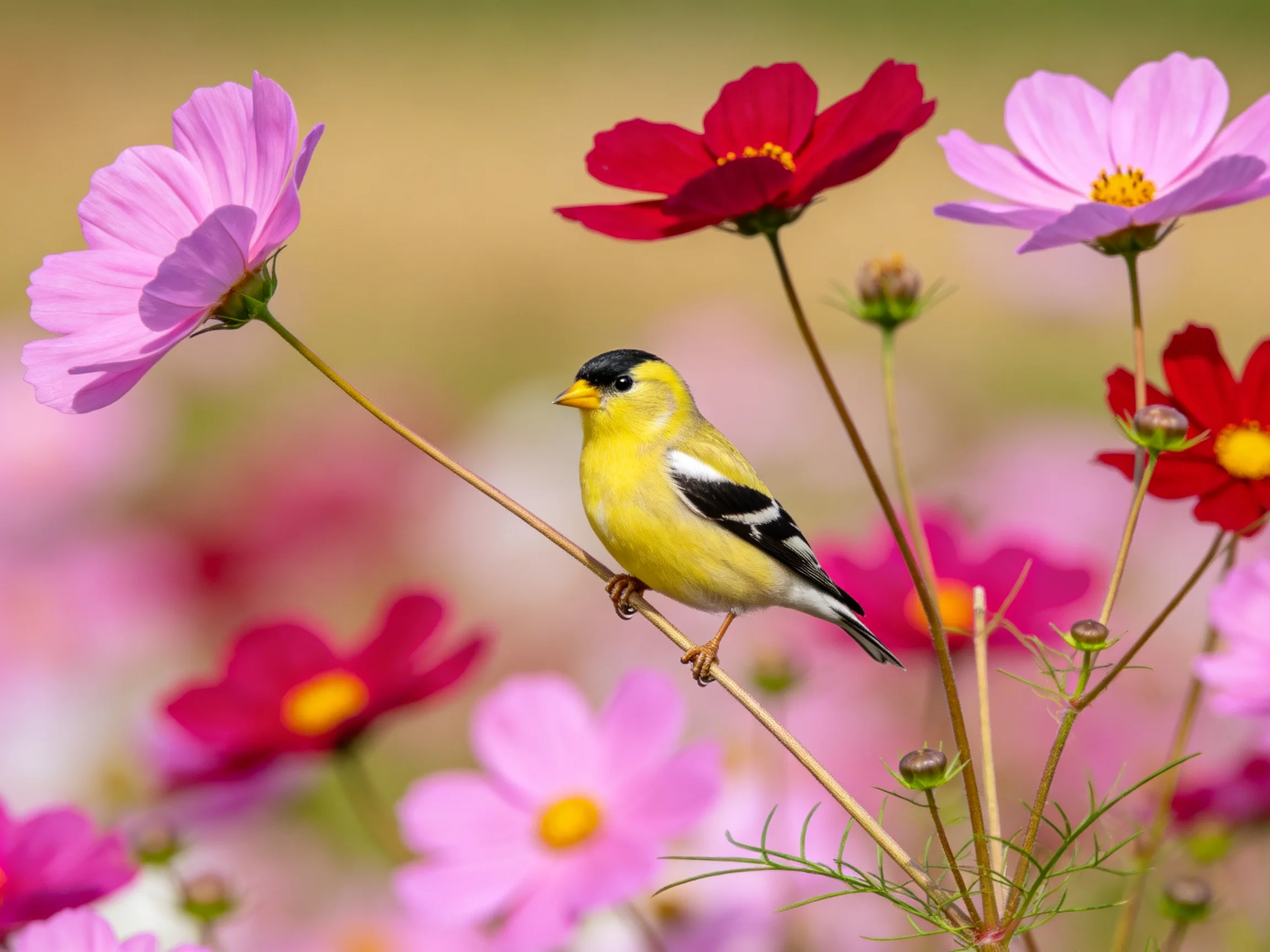 A small yellow bird perched among vibrant pink and red cosmos flowers