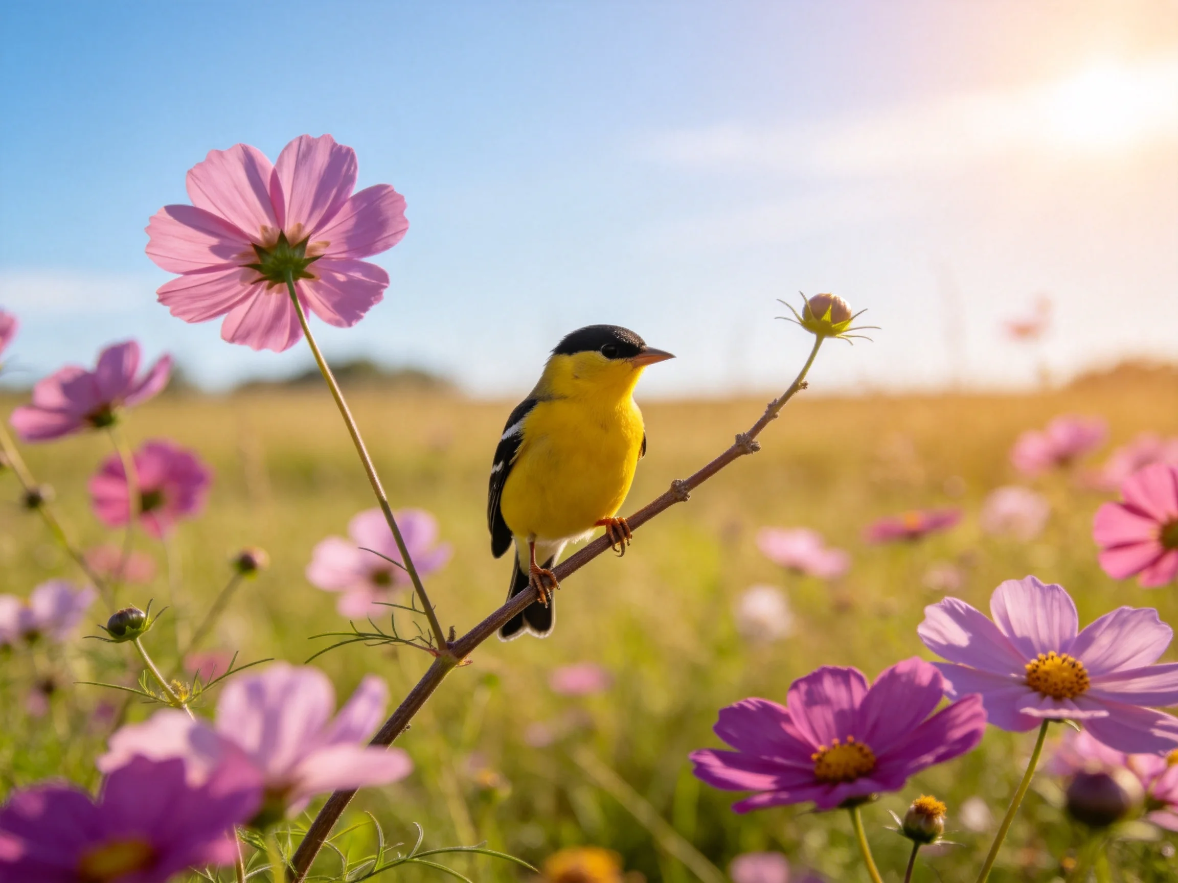 A small yellow bird perches amid vibrant pink cosmos flowers in a sunlit meadow