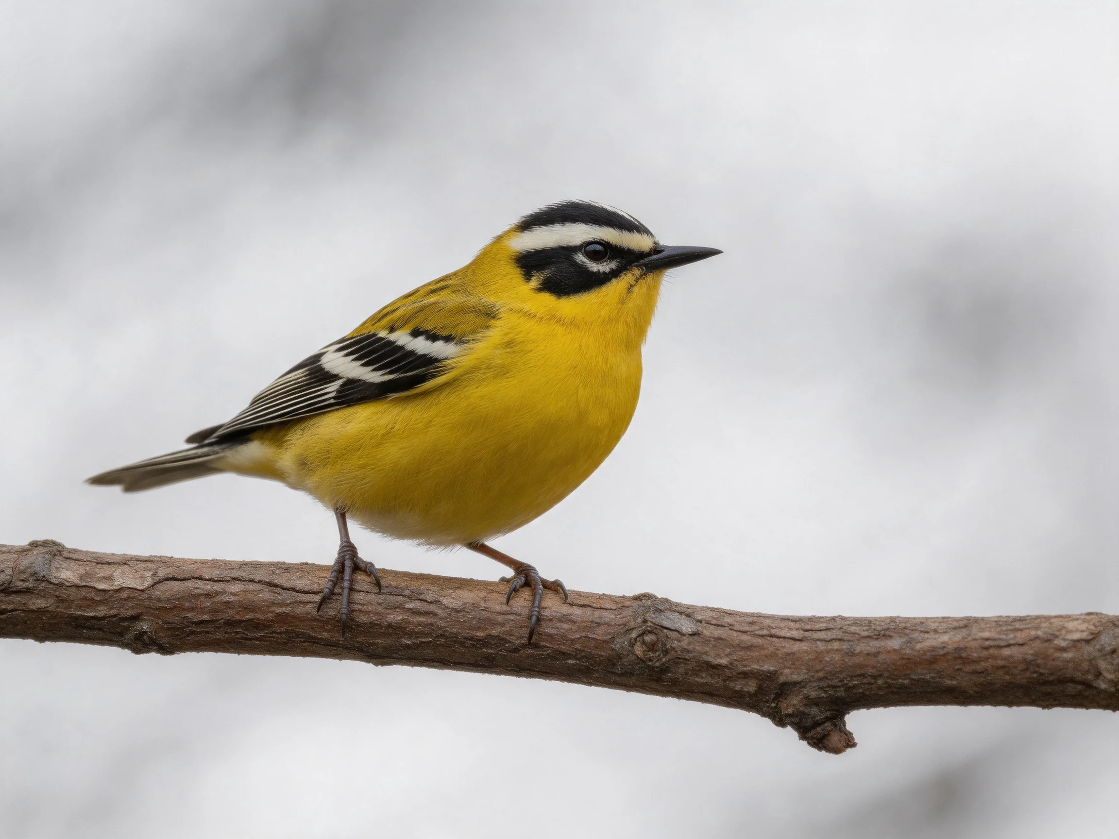 A small yellow bird with distinctive black and white markings sits on a tree branch.