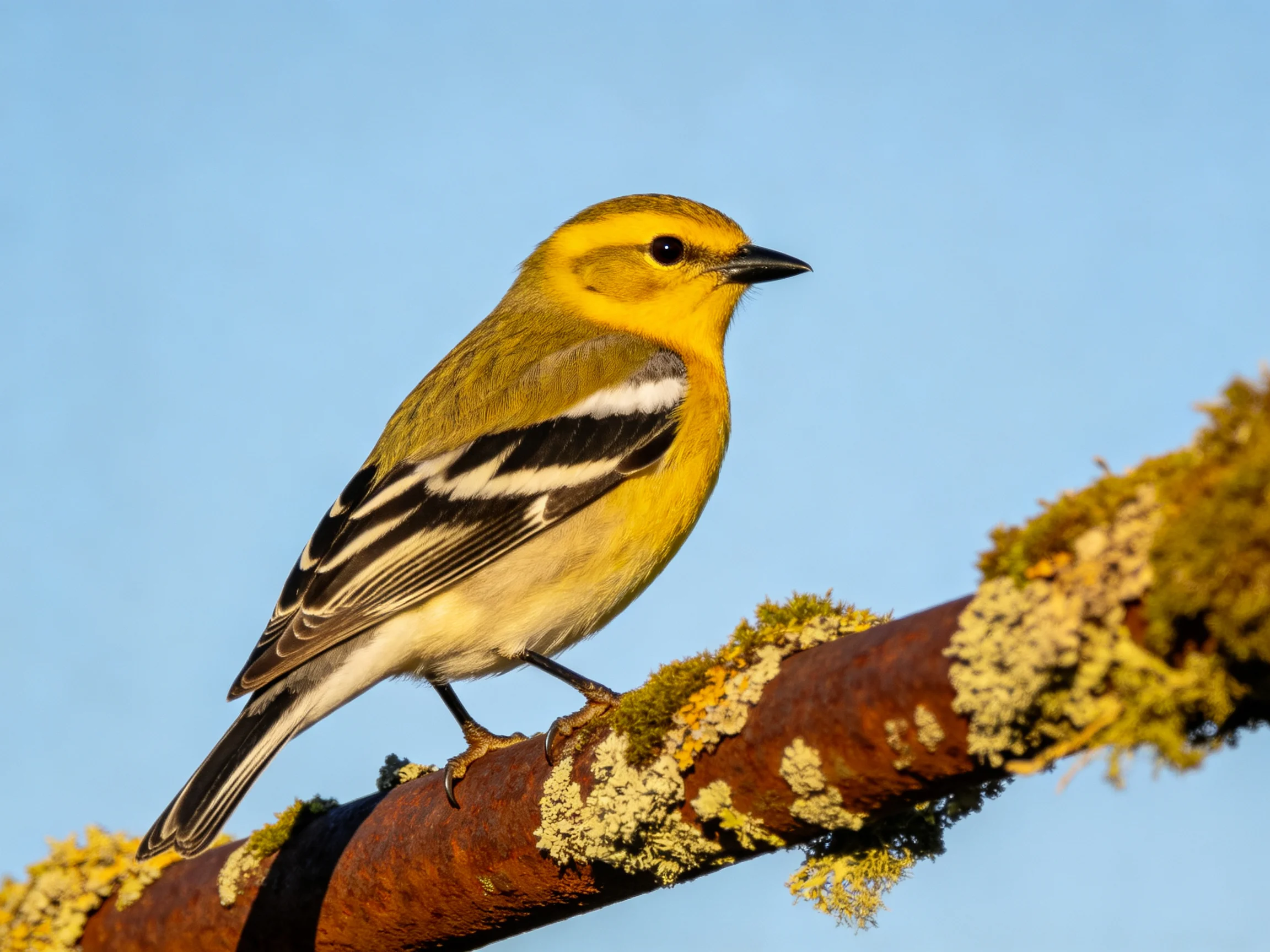 A small yellow bird with black and white wing markings rests on a mossy branch.