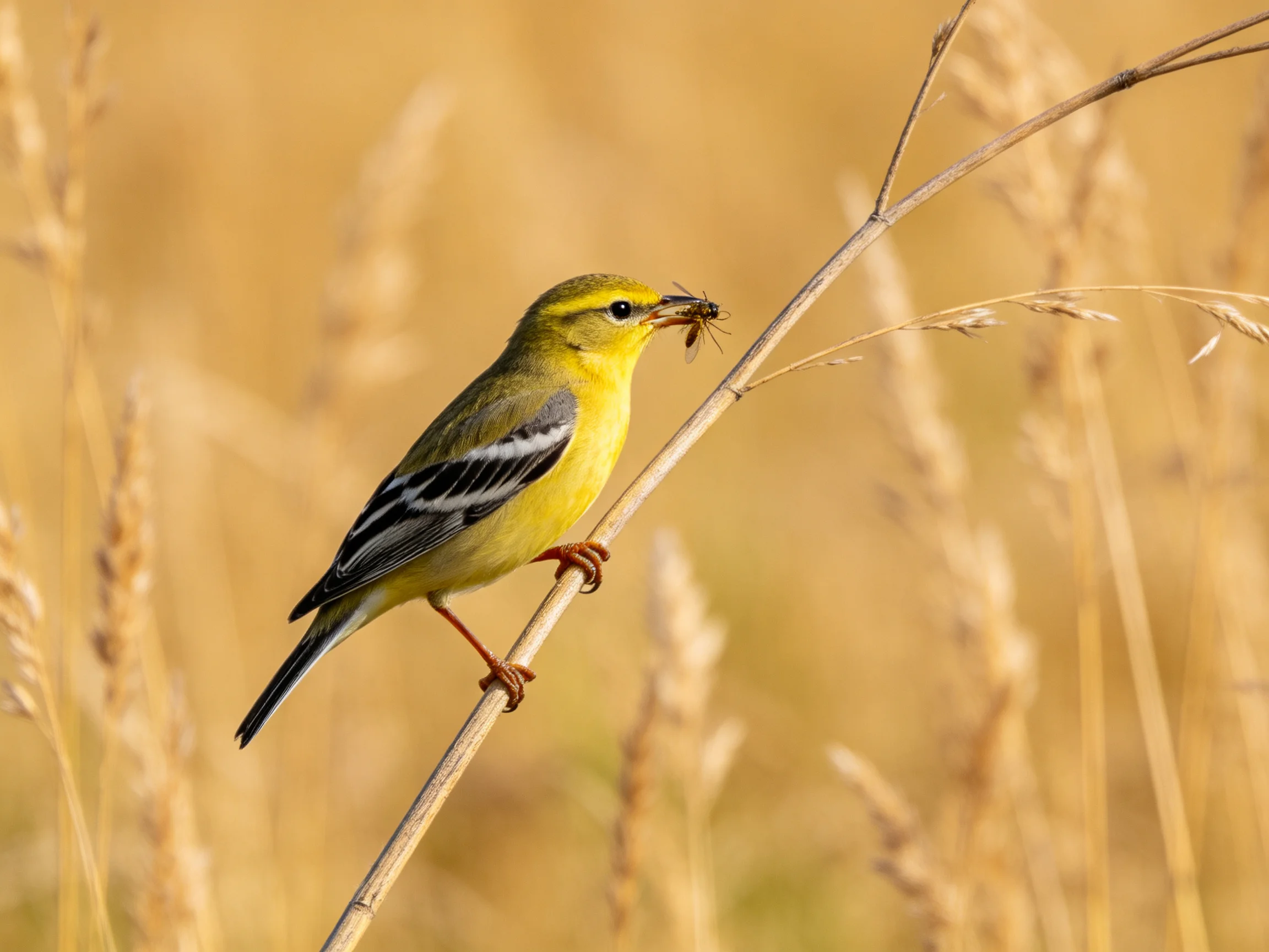 A small yellow bird with black and white markings holds an insect while perched on a thin branch.