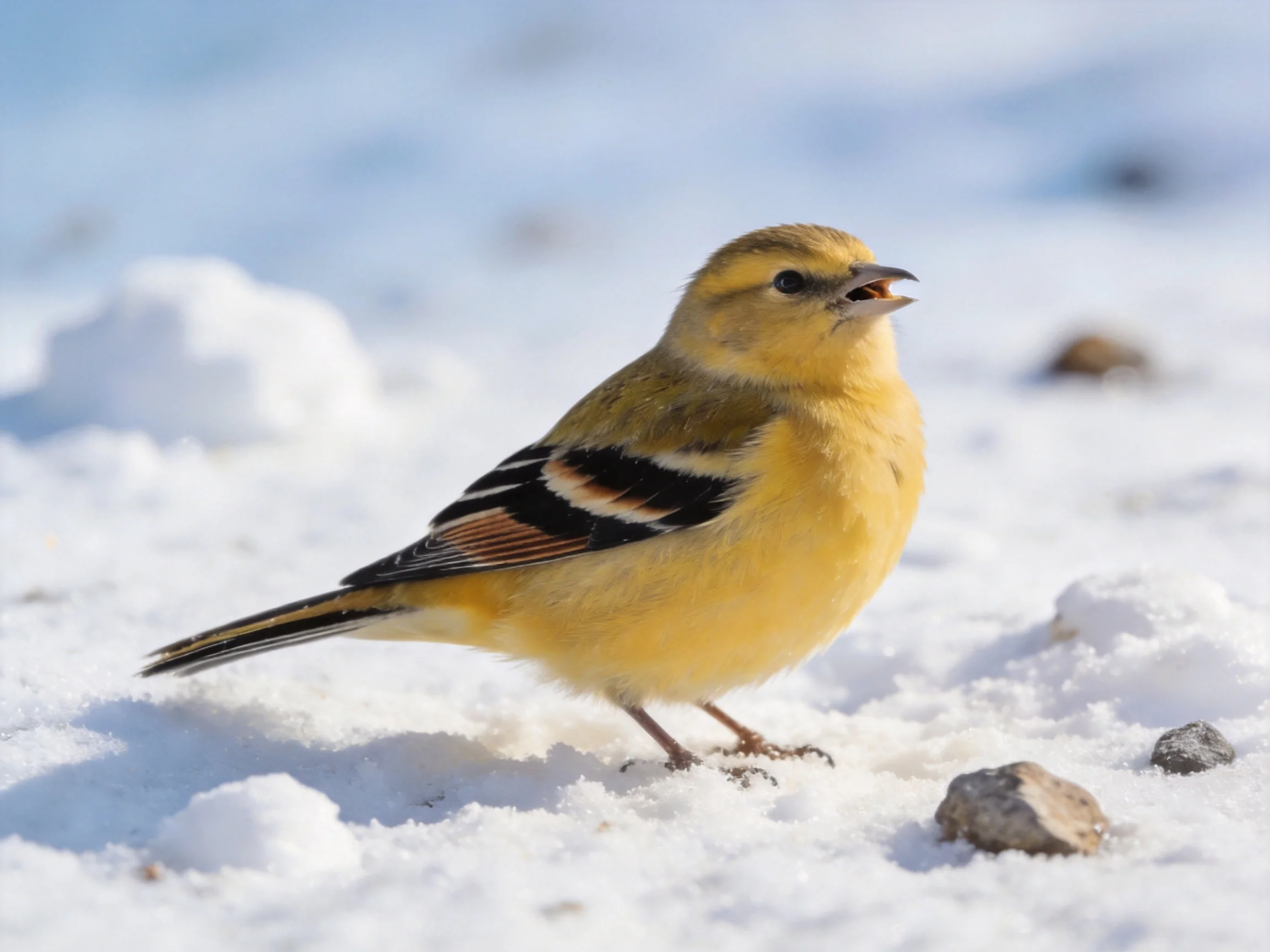 A small yellow bird with black-striped wings on snowy terrain