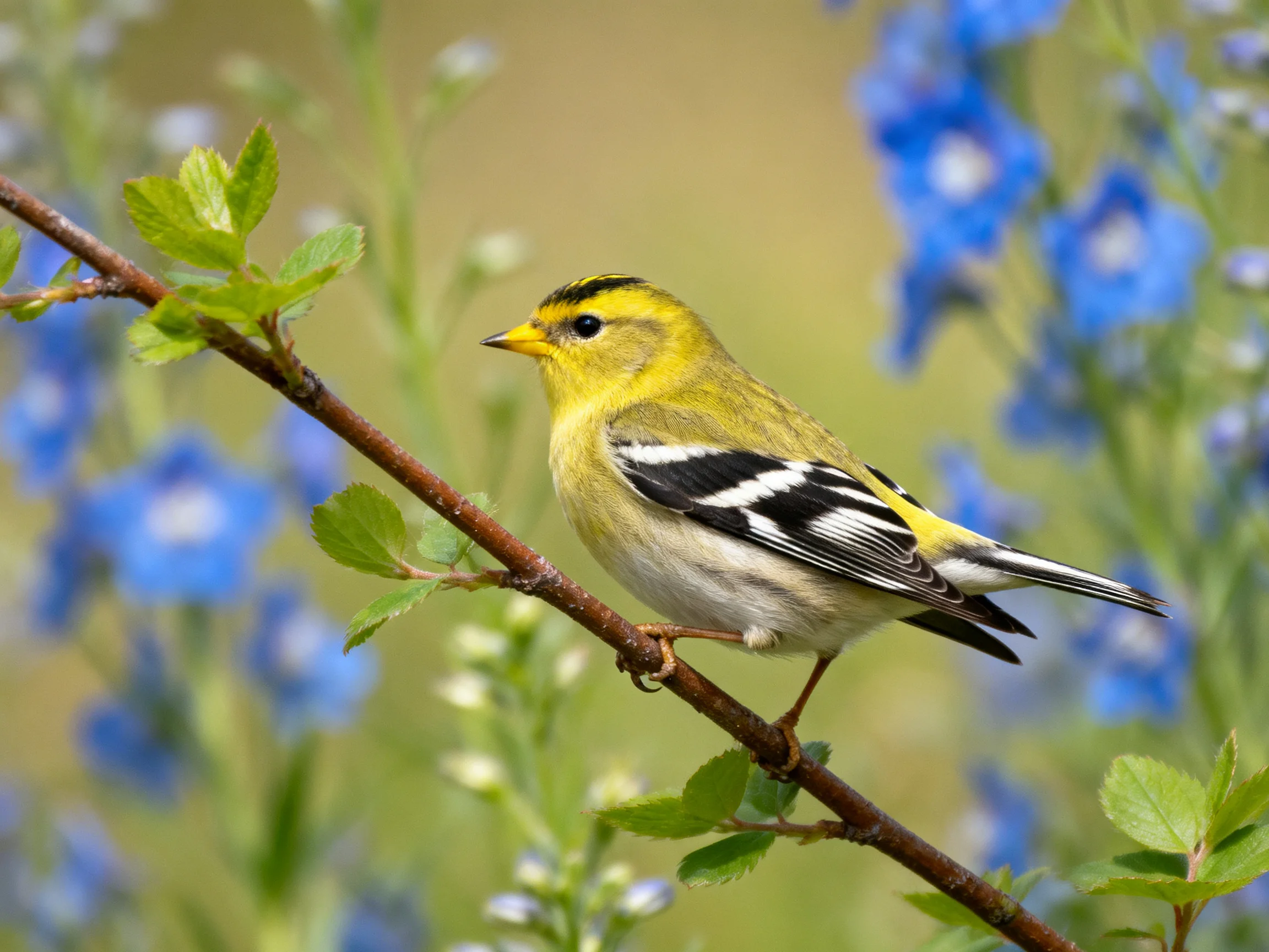 A small yellow bird with black markings rests on a branch among blue flowers.
