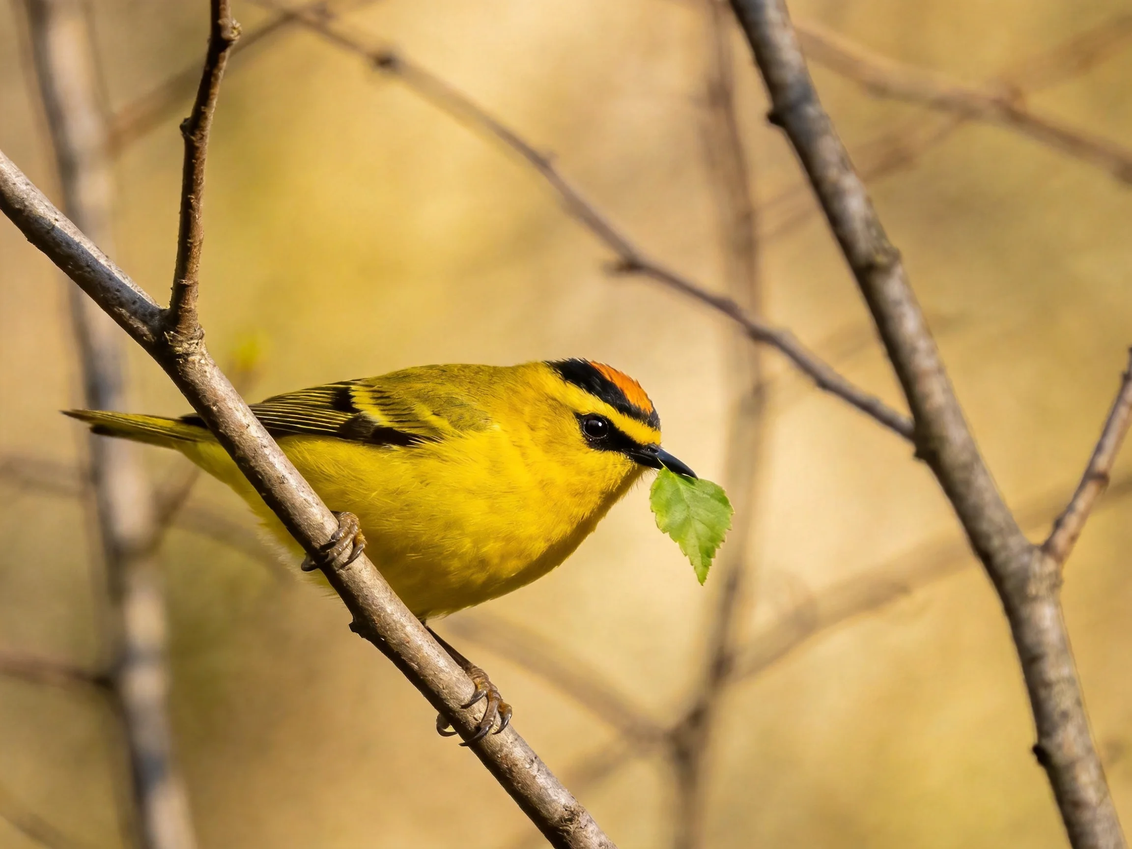 A small yellow bird with black stripes holds a leaf on a branch