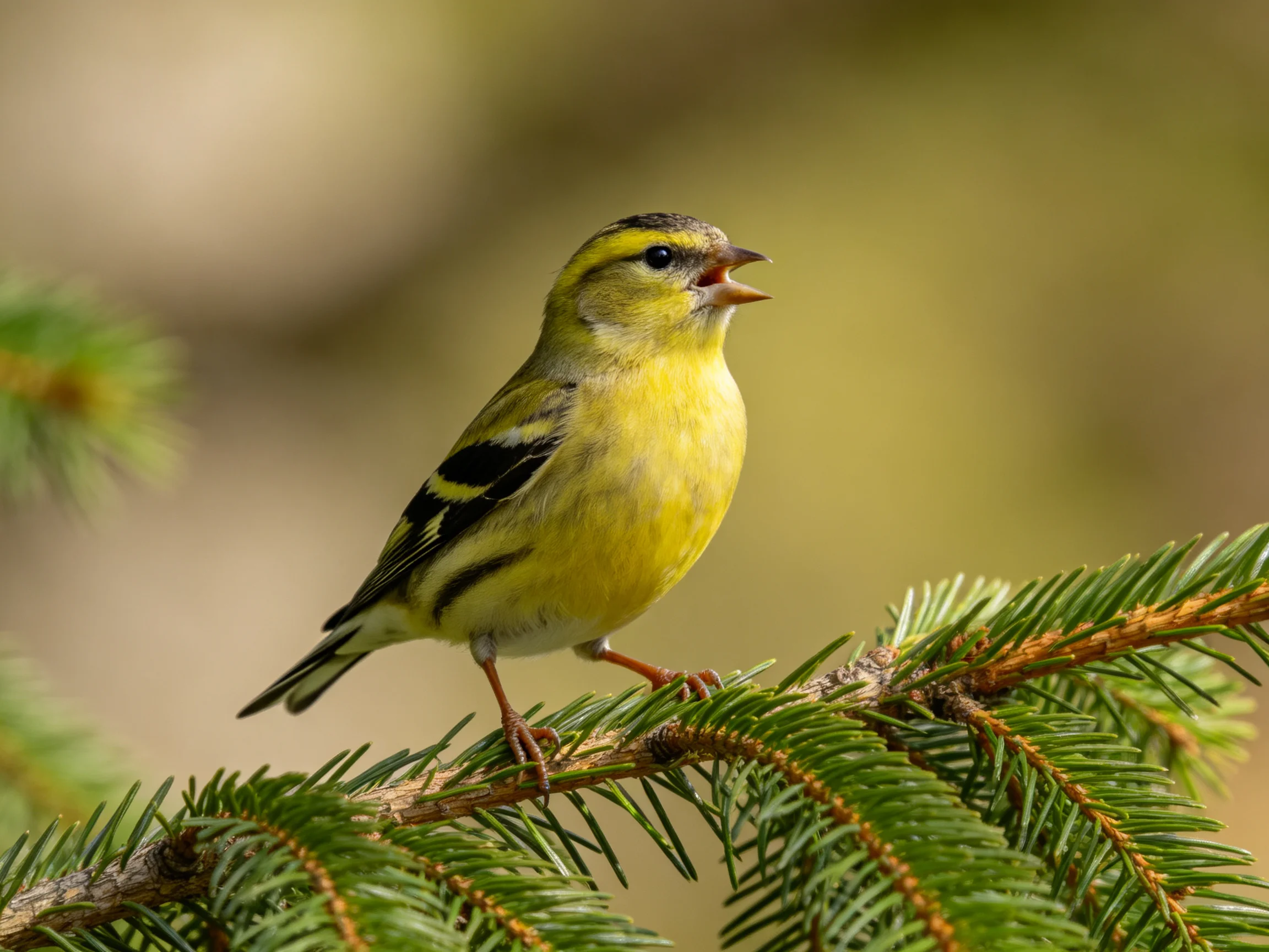 A small yellow bird with black markings perches on a pine branch.