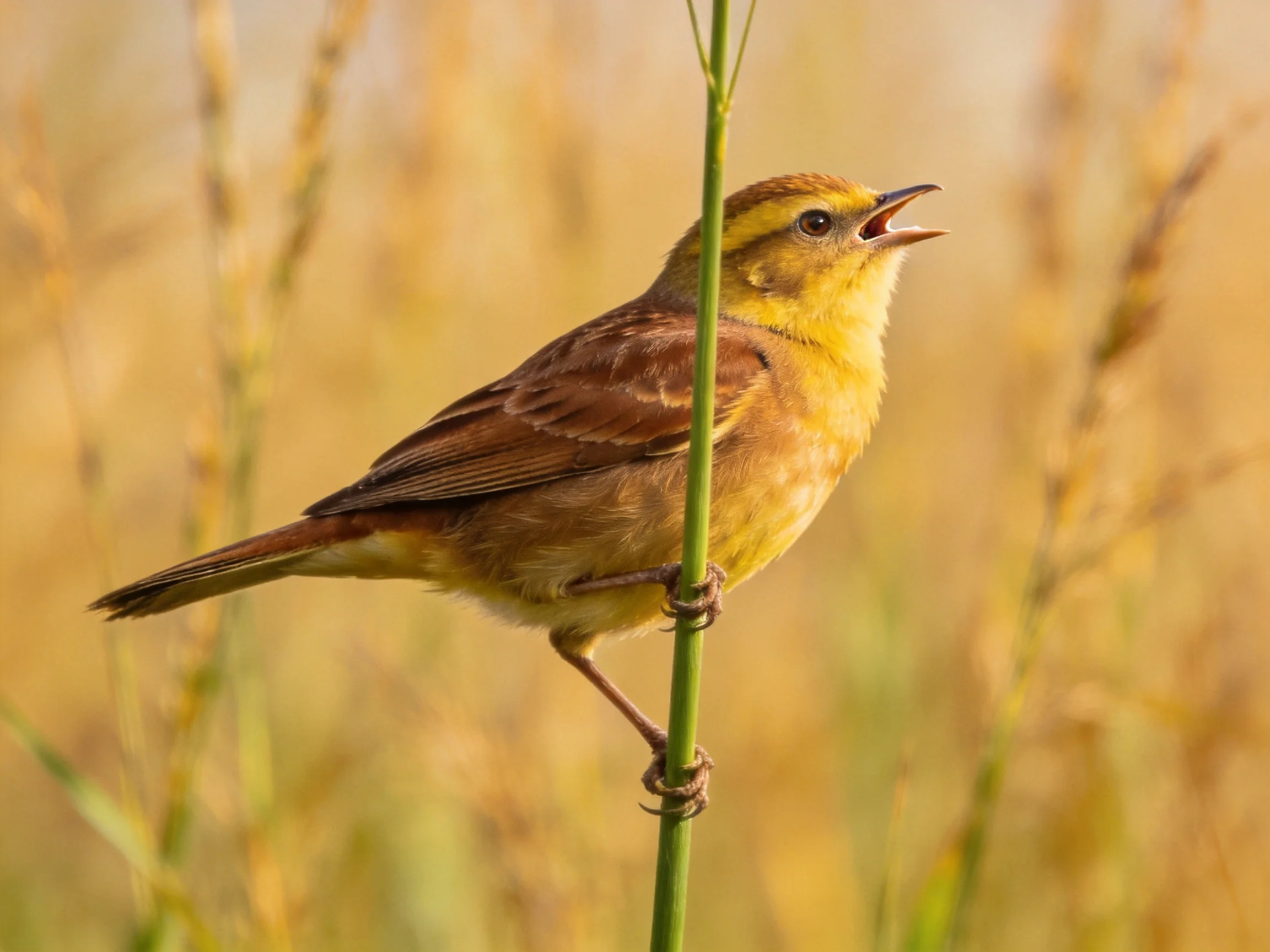 A small yellow-brown bird perched on a green stem in golden grass