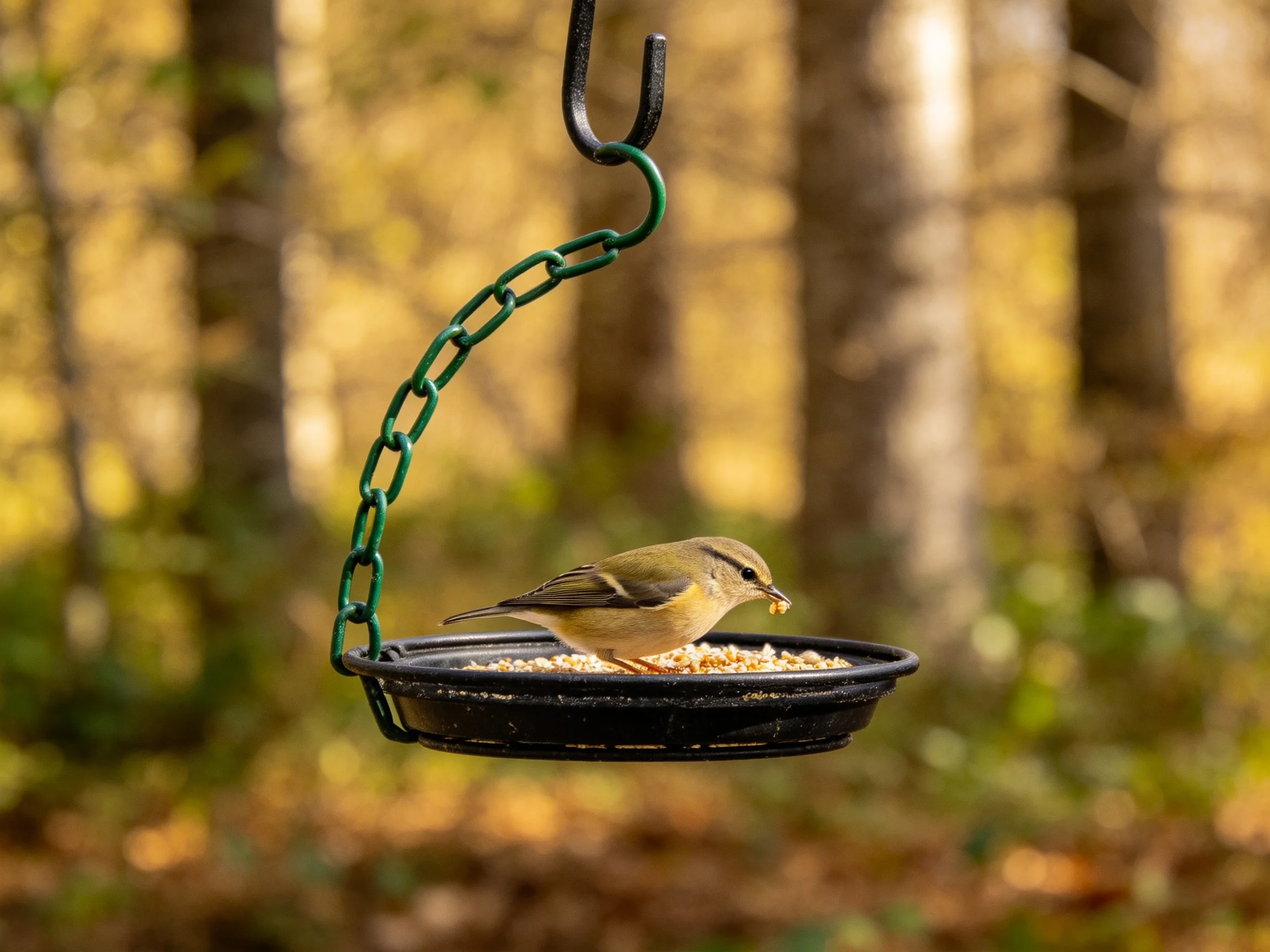 A small yellow-brown bird perches on a black hanging feeder with green chains
