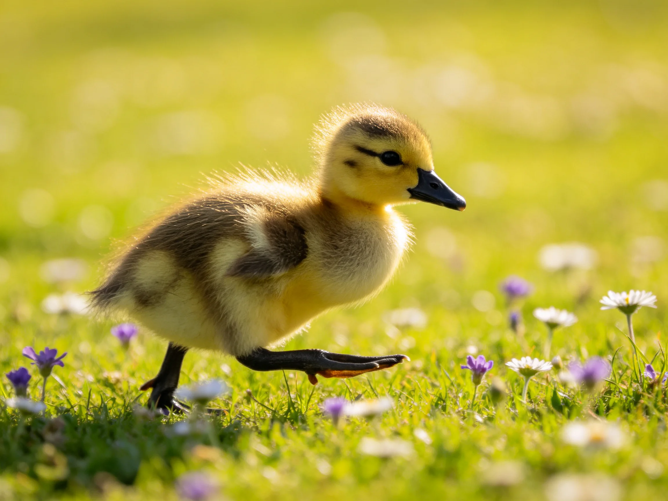 A small yellow-brown duckling explores a flowered green meadow