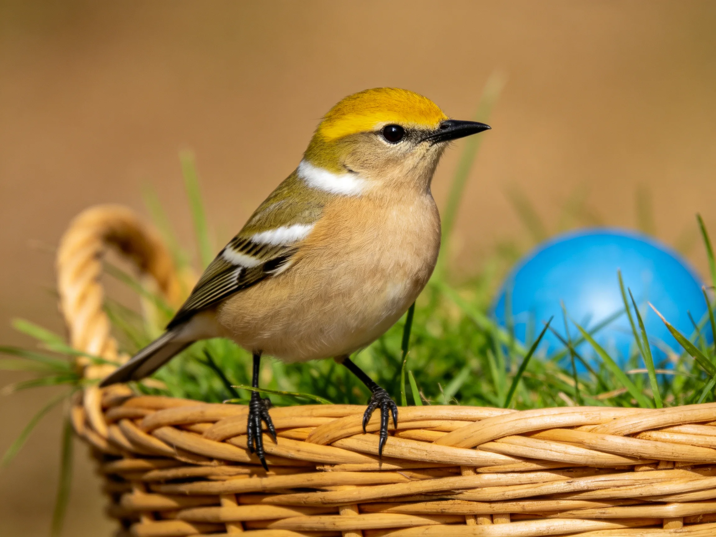 A small yellow-capped bird perches on a wicker basket with green grass