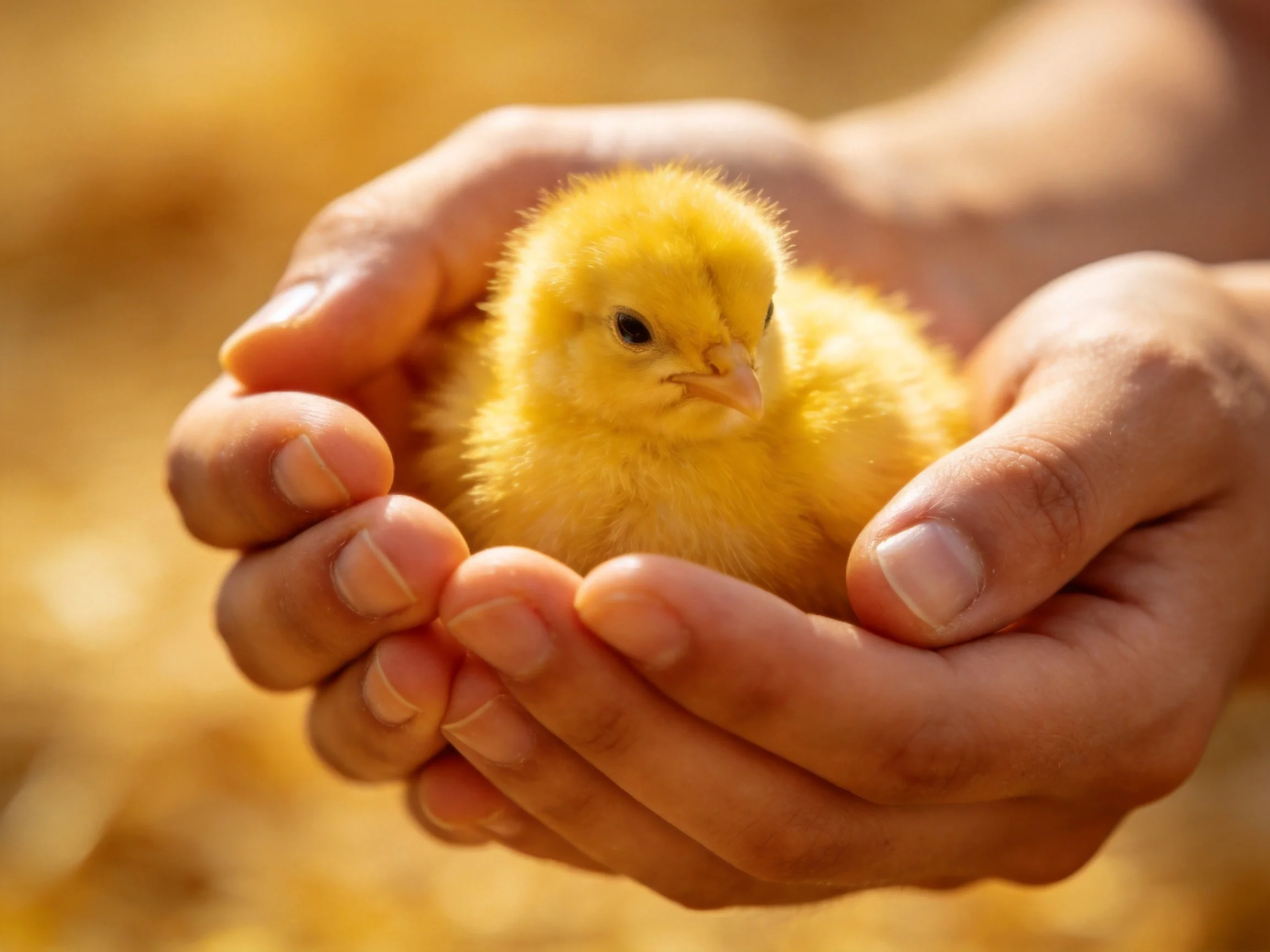 A small yellow chick nestled in cupped human hands