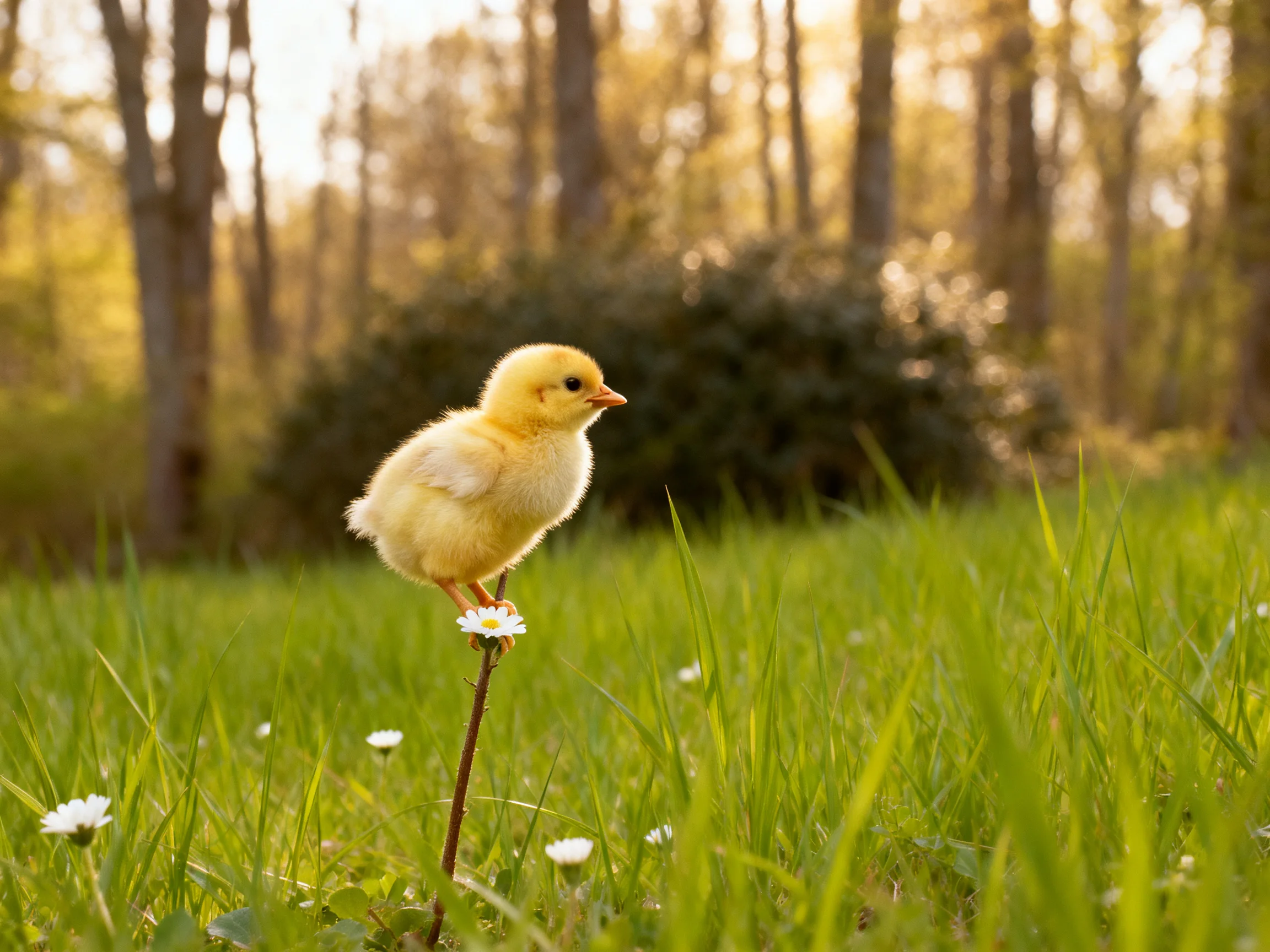 A small yellow chick perched on a flower stem in a sunlit grassy field