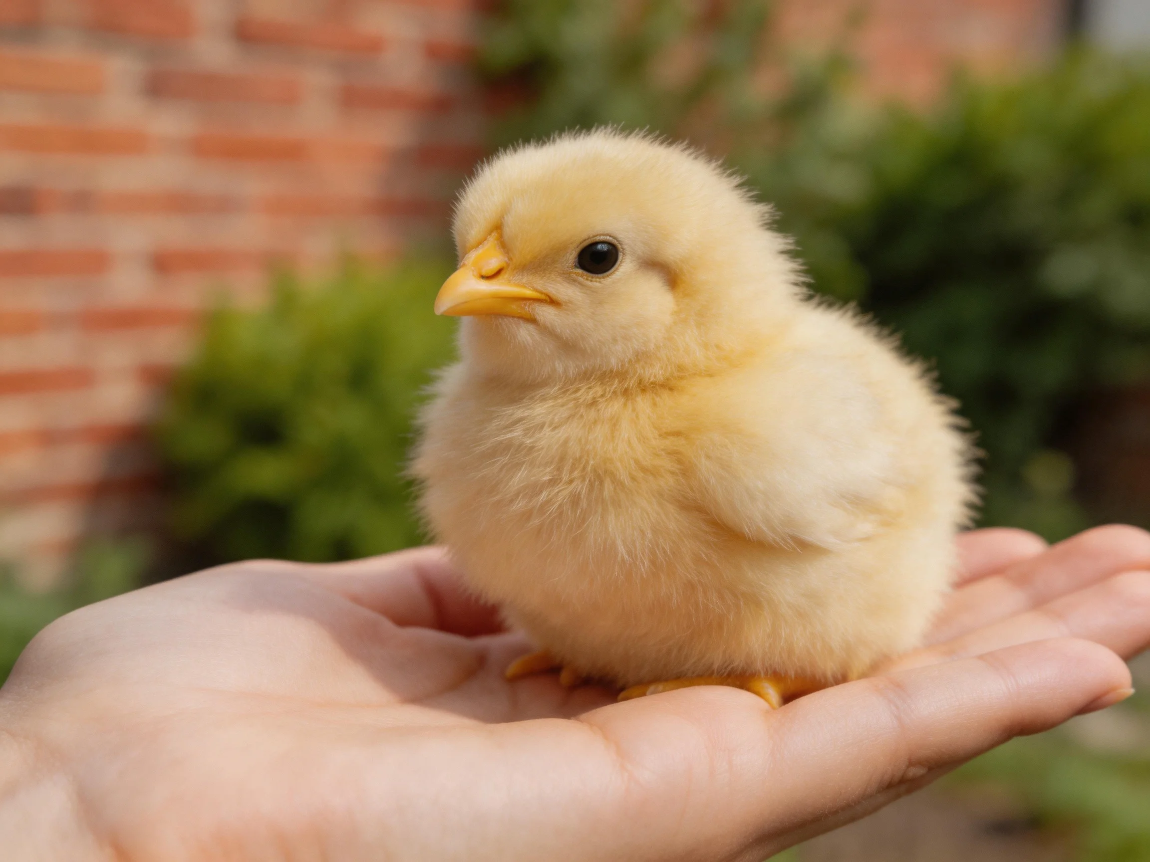 A small yellow chick perched on an outstretched hand near a brick wall