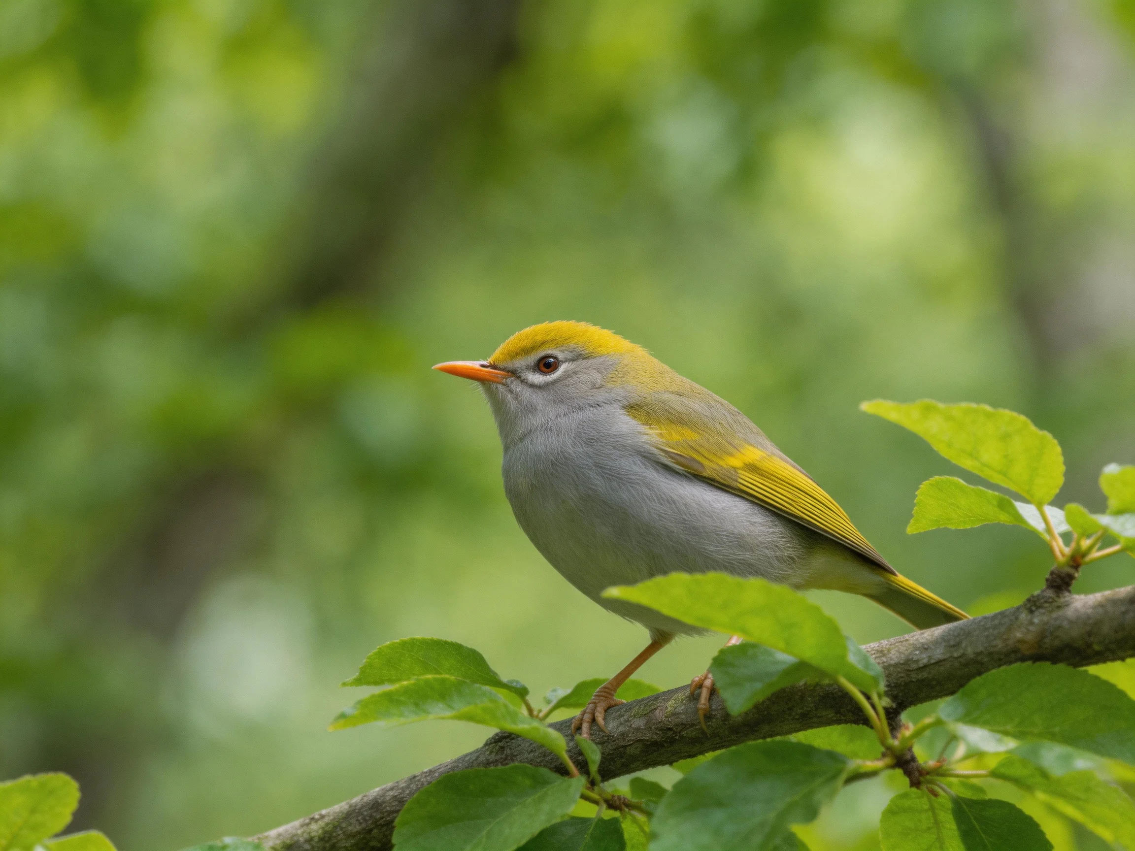 A small bird with yellow and gray plumage rests on a branch amid green foliage.