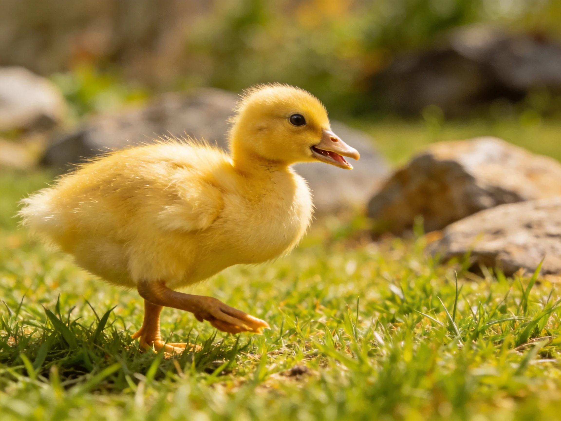 A small yellow duckling walking on grass near rocks
