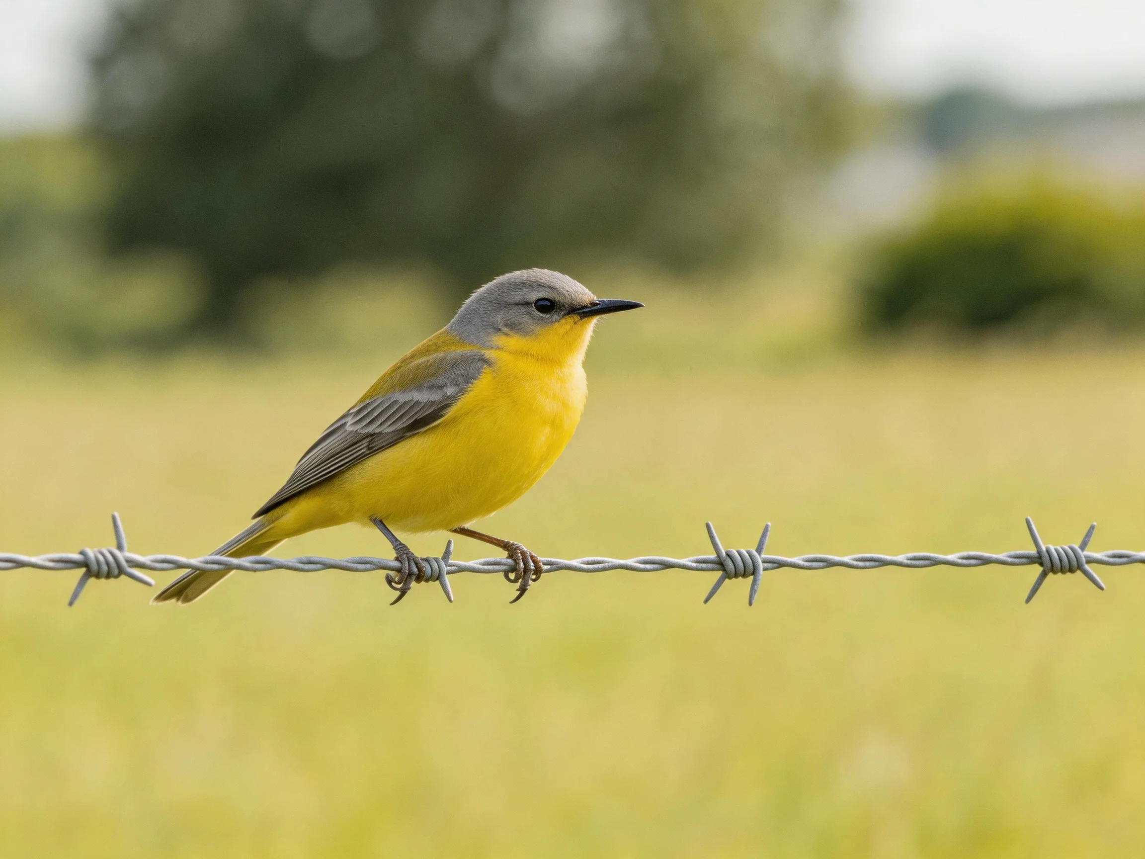 A small yellow-gray bird perched on barbed wire over a blurred field