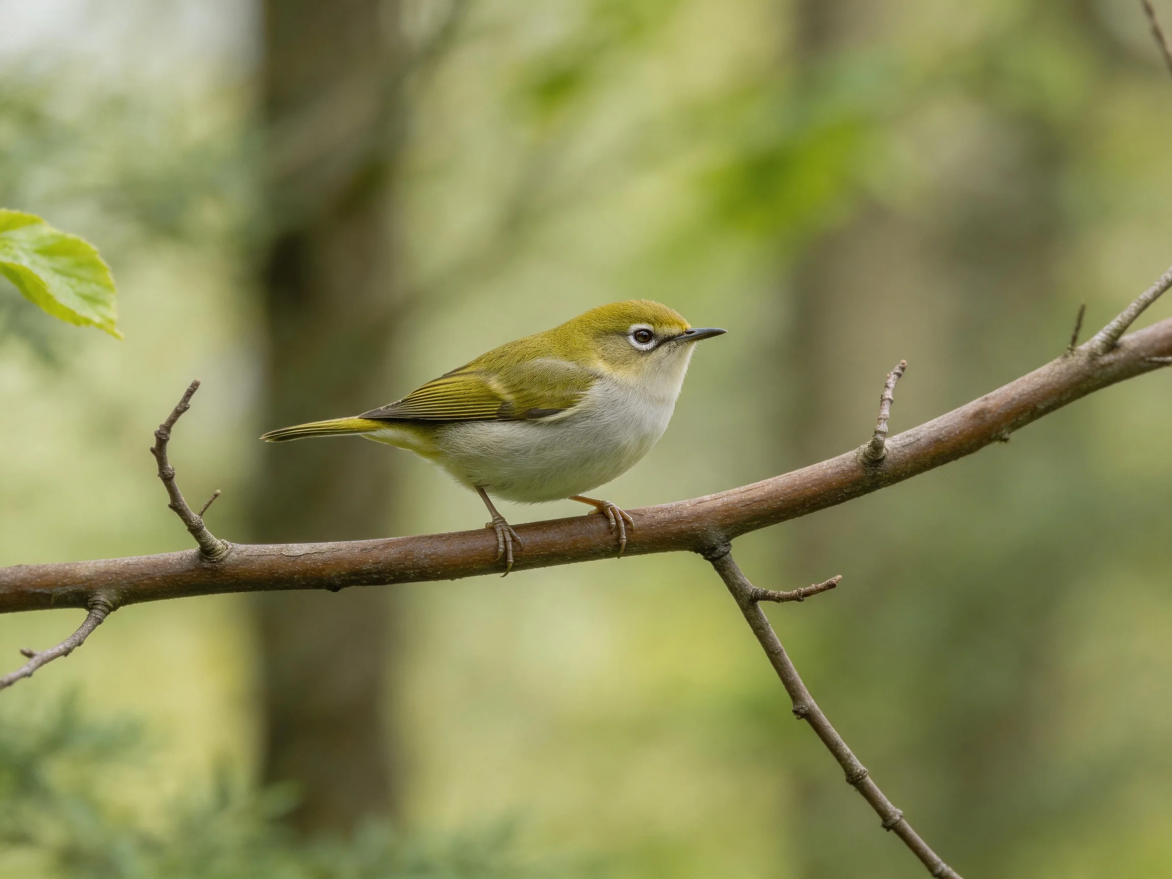 A small yellow-green bird perched on a brown tree branch