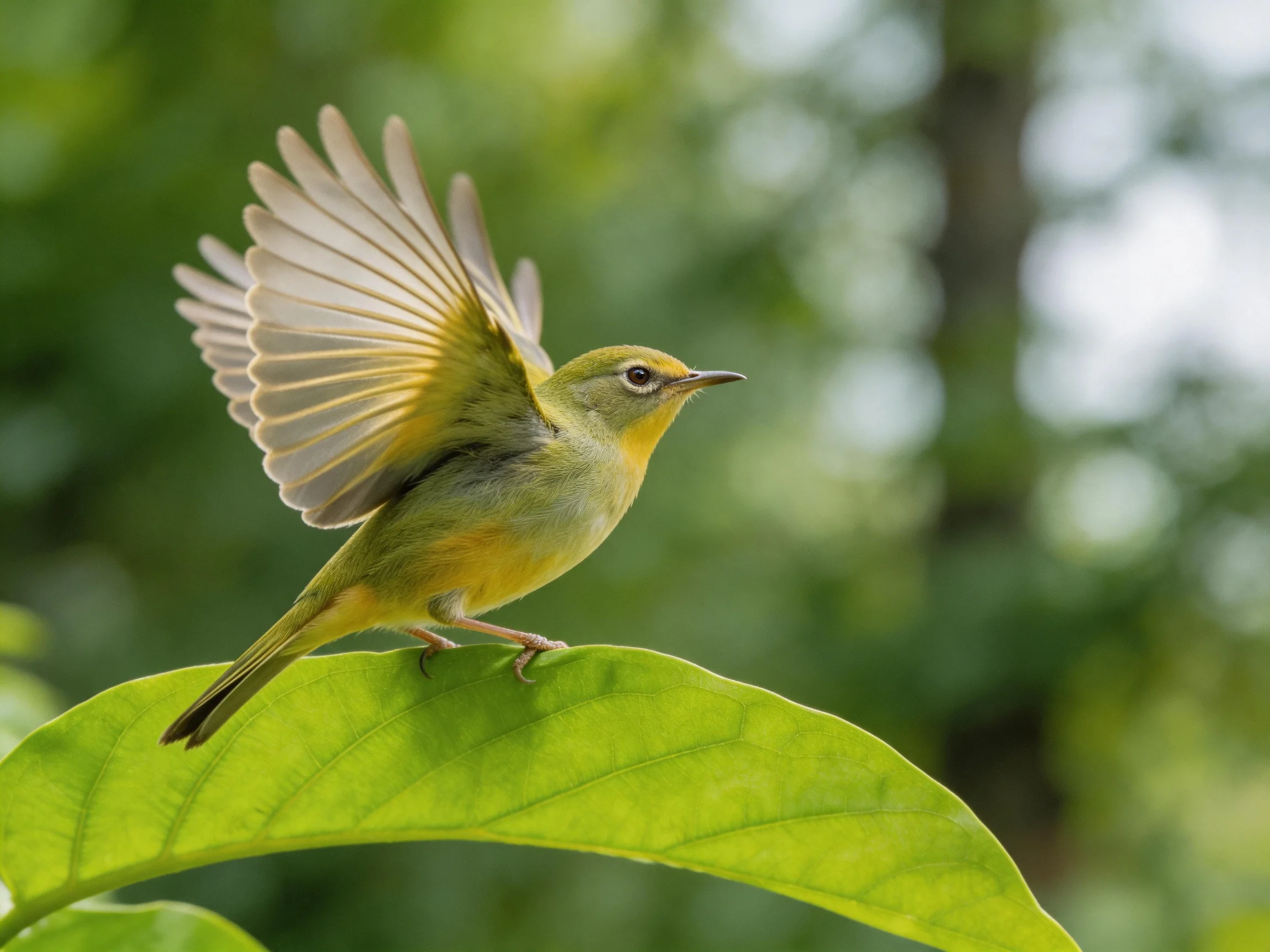A small yellow-green bird spreads wings on a large green leaf