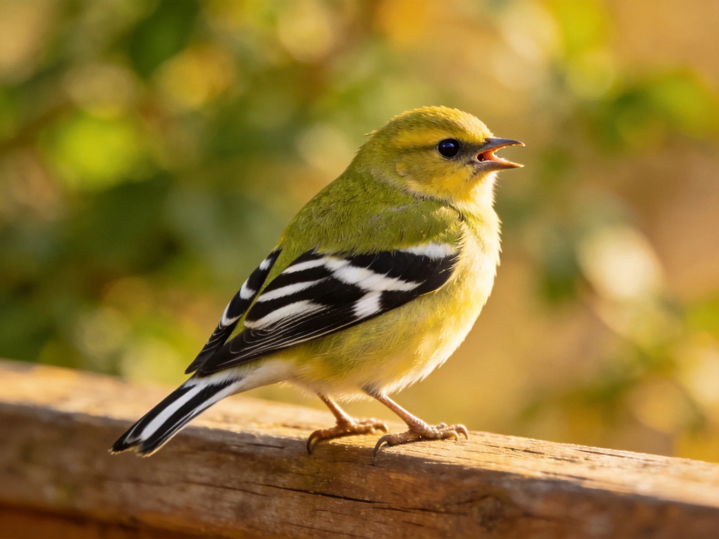 A small yellow-green bird with black-and-white wings perched on wood