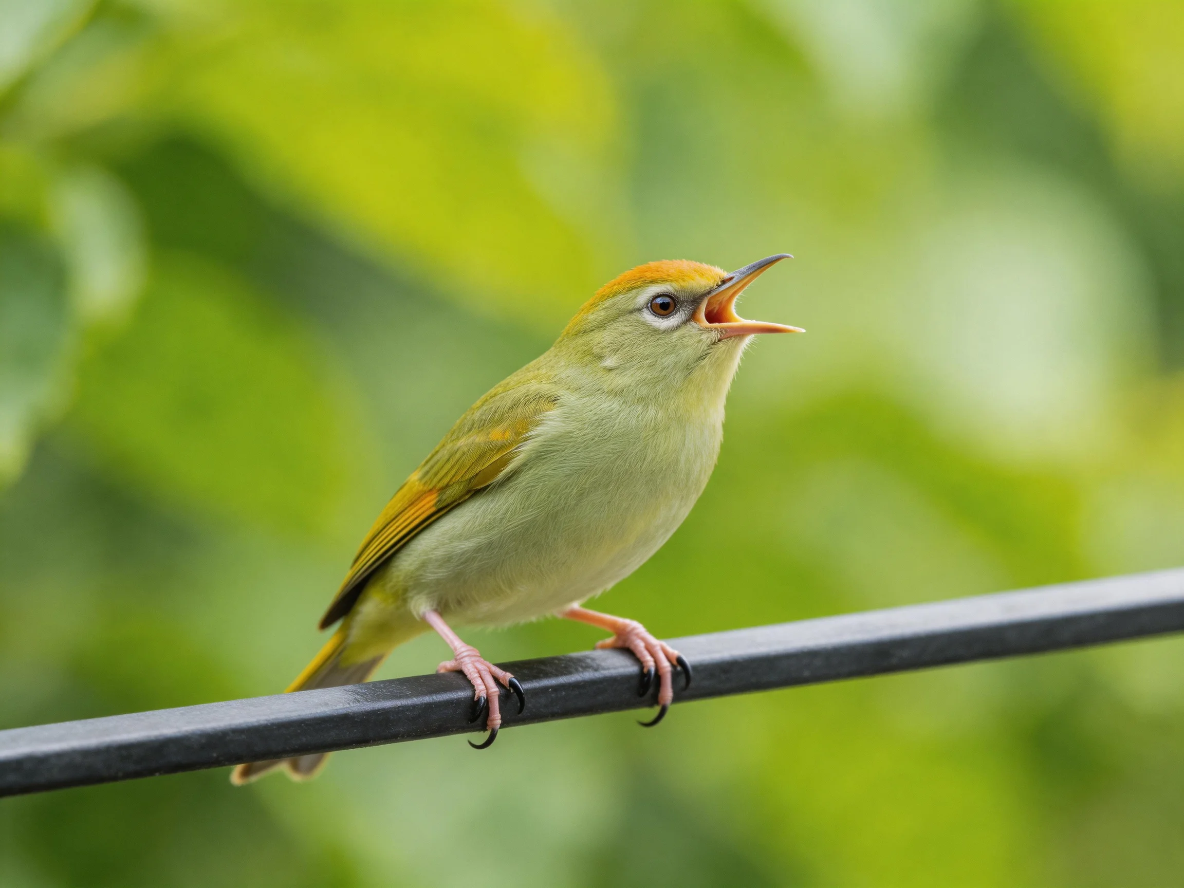 A small yellow-green bird with orange crown perched on a black wire