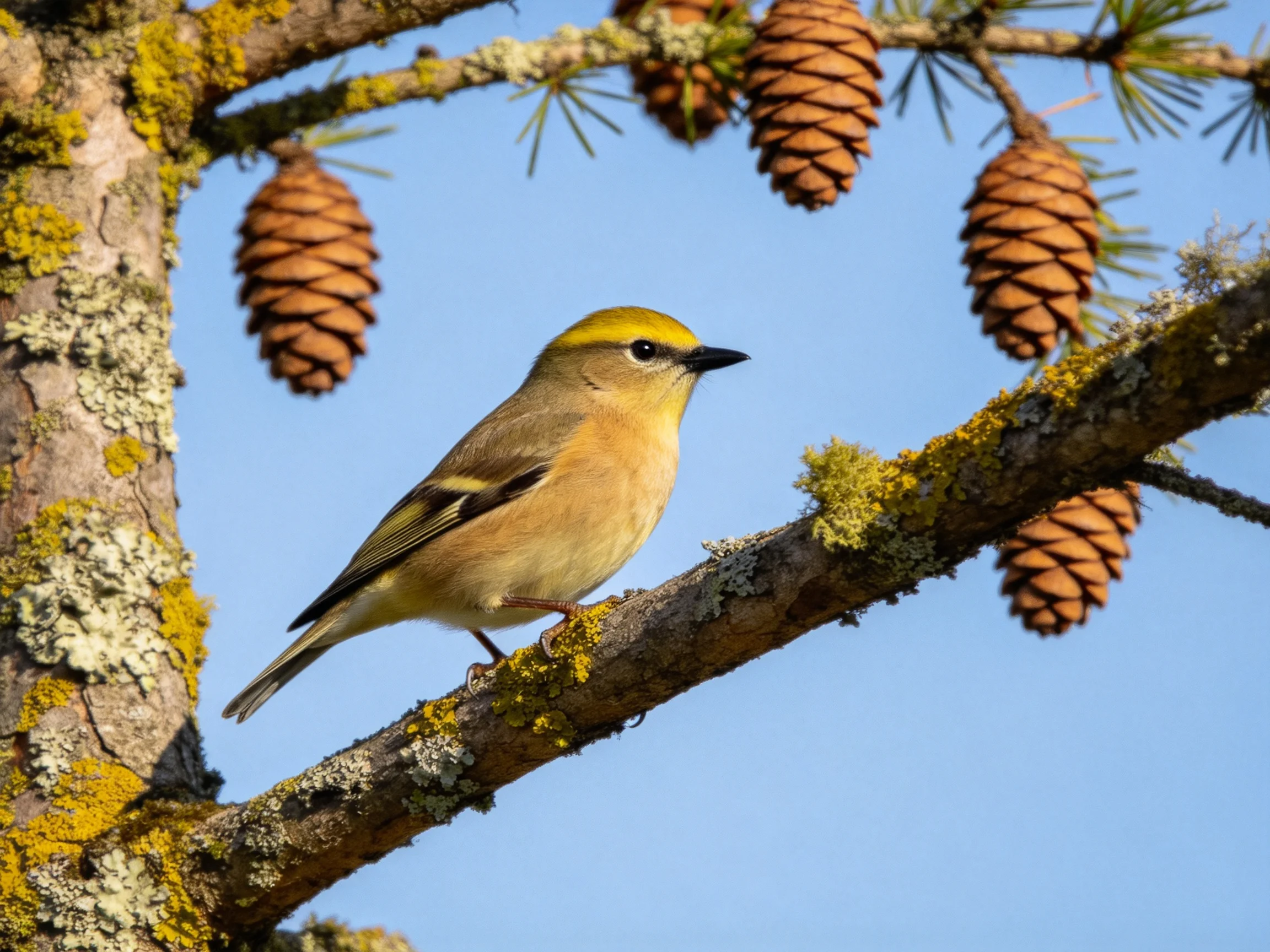 A small yellow-headed bird perched on a lichen-covered pine branch near brown pinecones