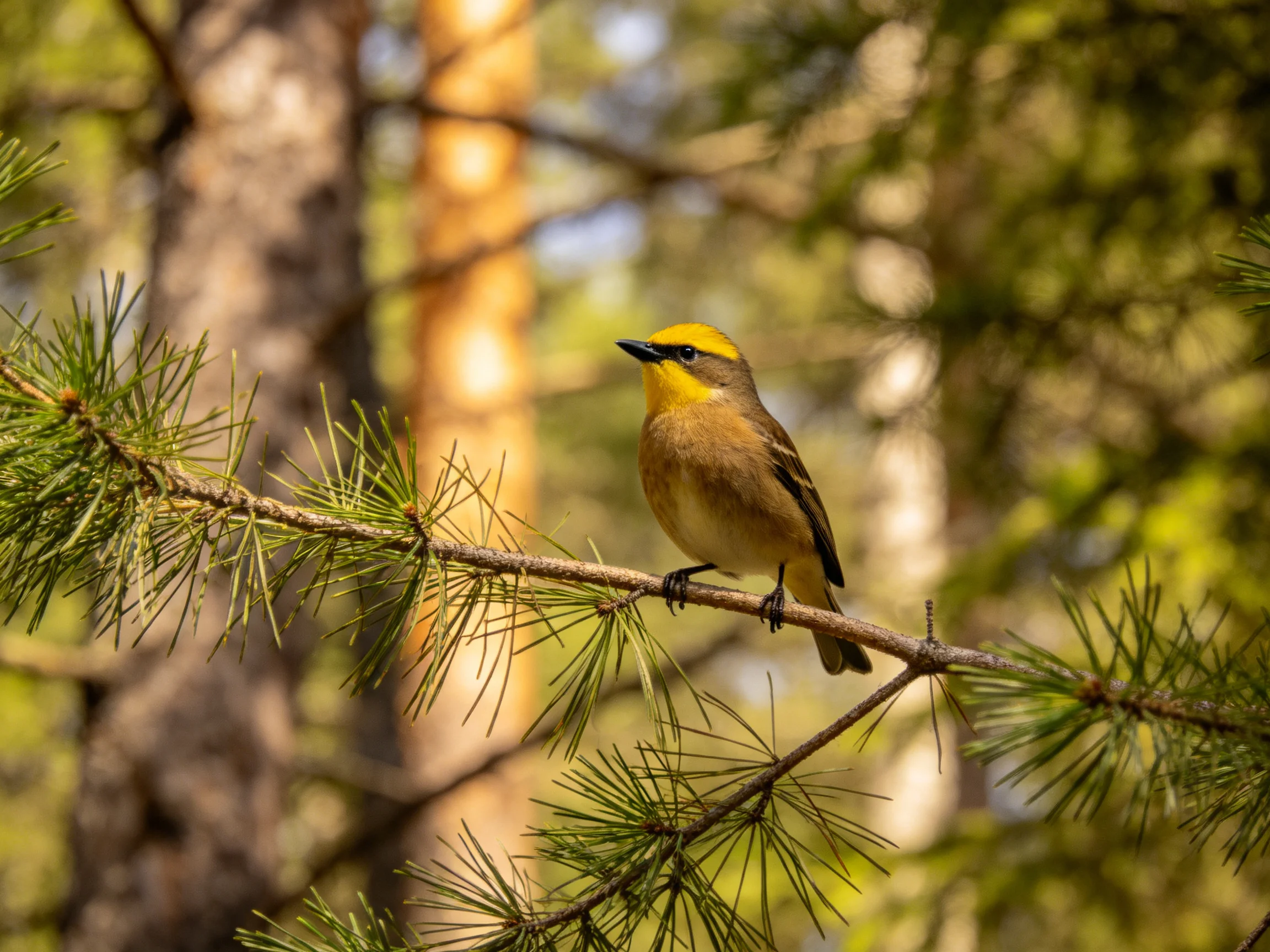 A small yellow-headed bird perched on a pine branch