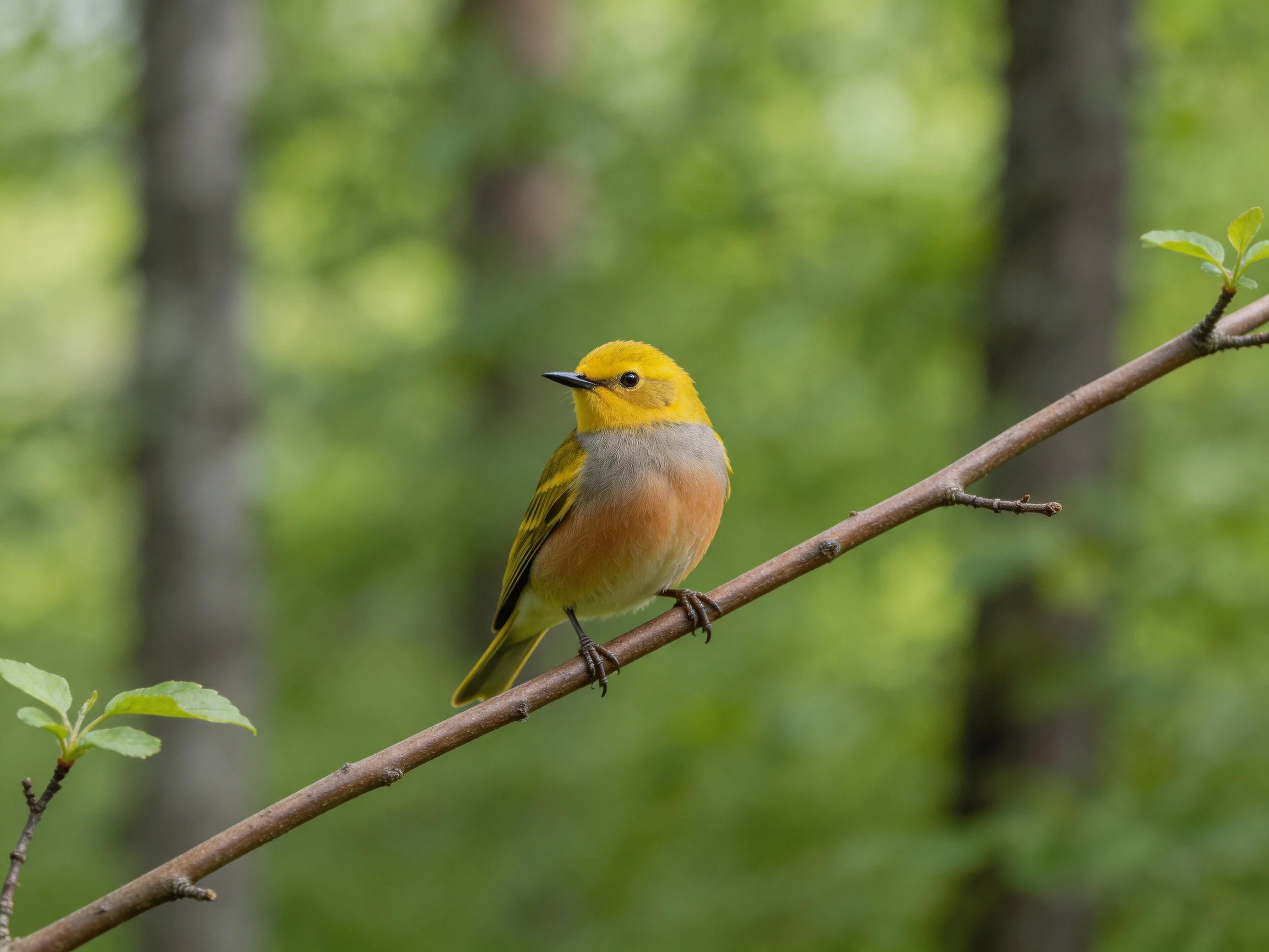 A small yellow-headed bird perched on a thin brown branch in lush greenery
