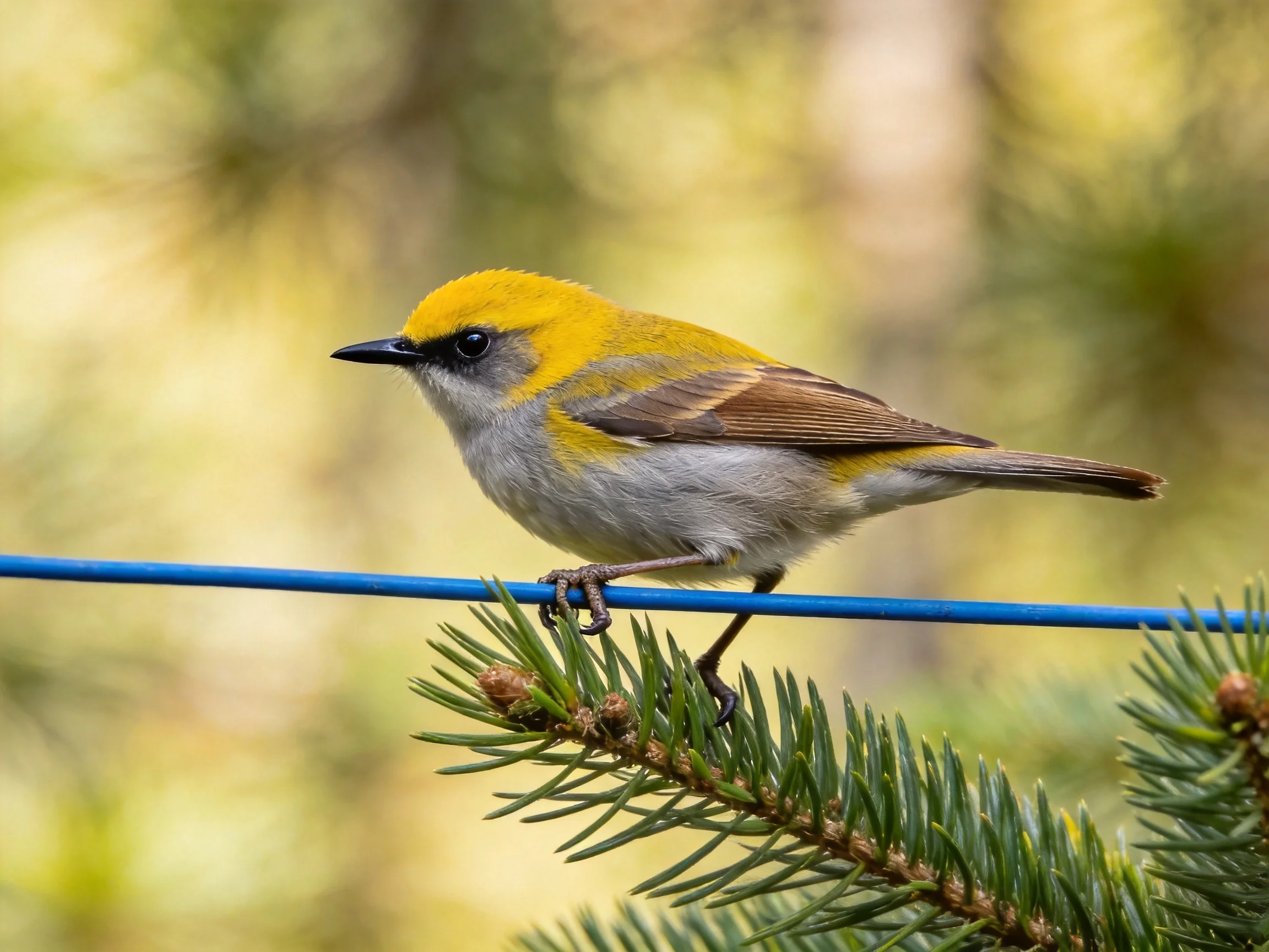 A small yellow-headed bird perches on a bright blue wire amid green pine needles