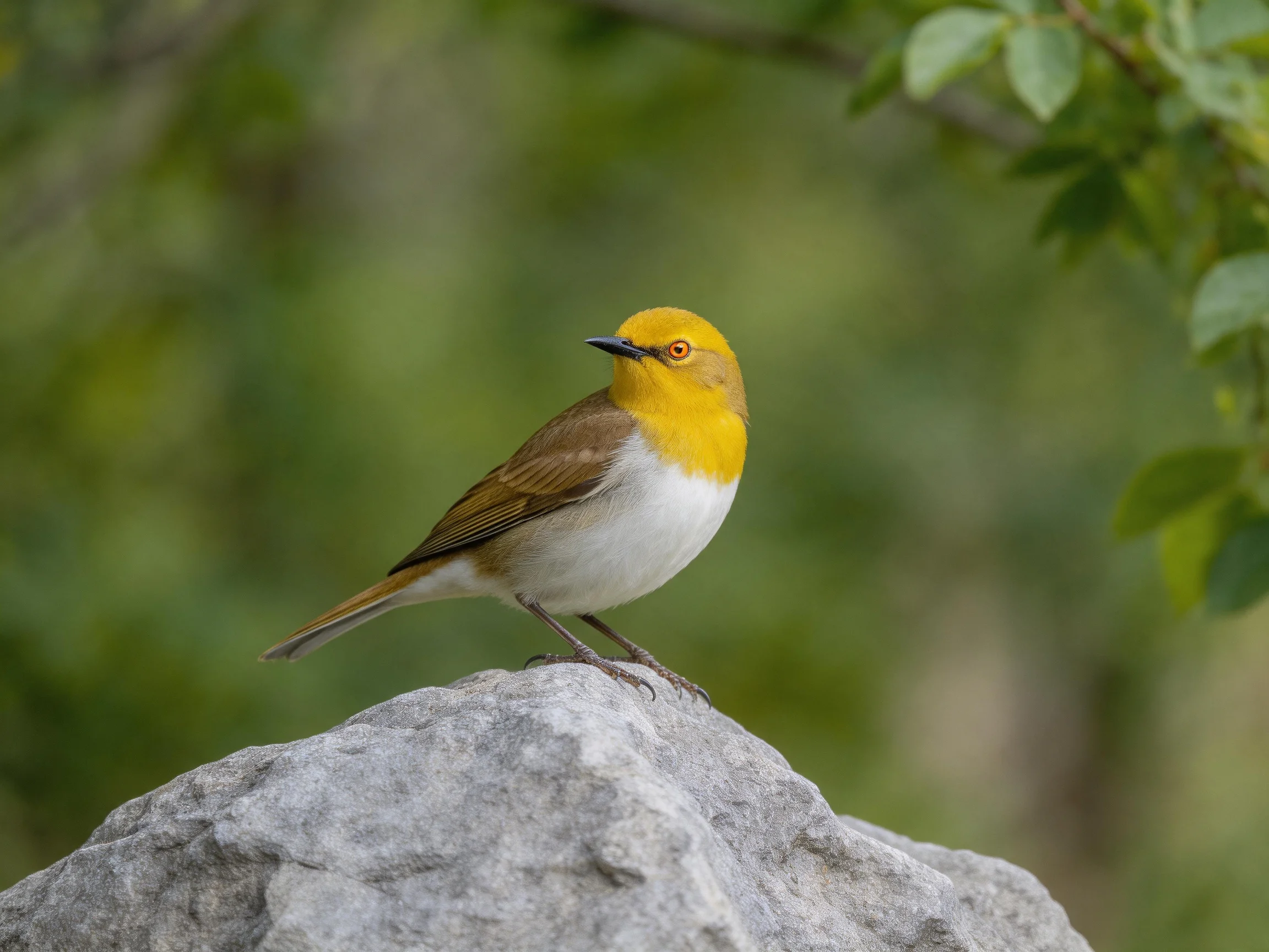 A small yellow-headed bird perches on a gray rock near green foliage