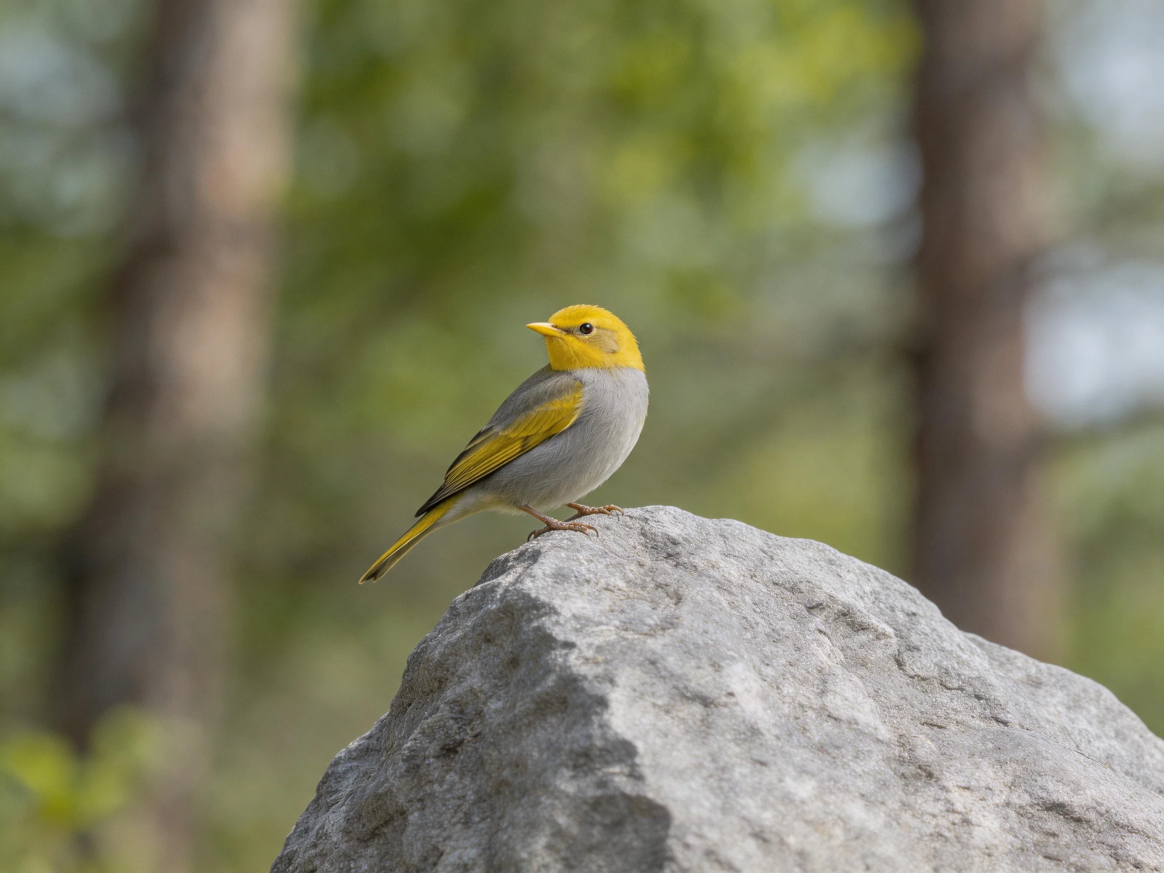 A small yellow-headed bird perches on a large gray rock in a wooded area
