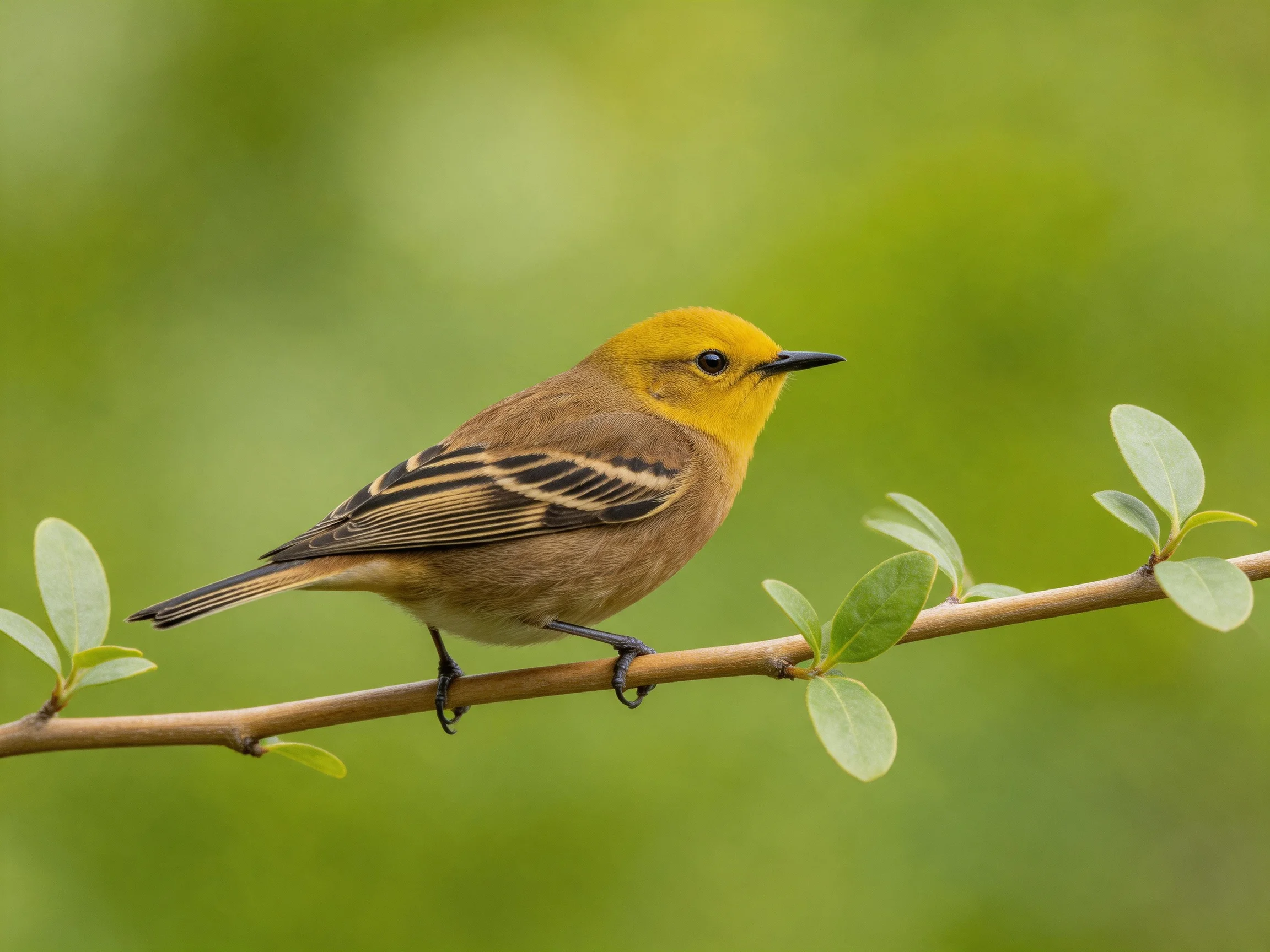 A small yellow-headed bird perches on a leafy branch