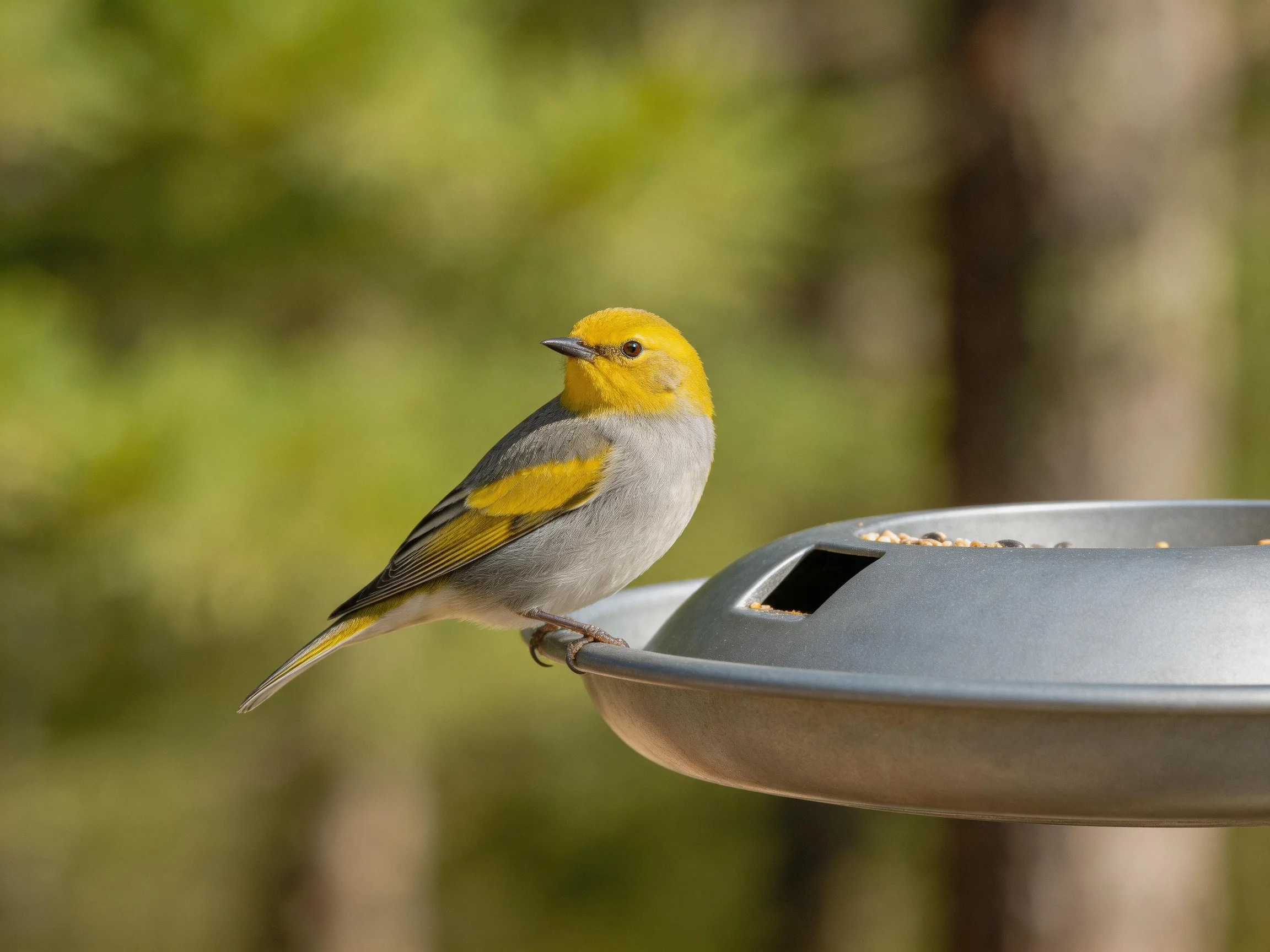 A small yellow-headed bird perches on a metallic feeder near green foliage