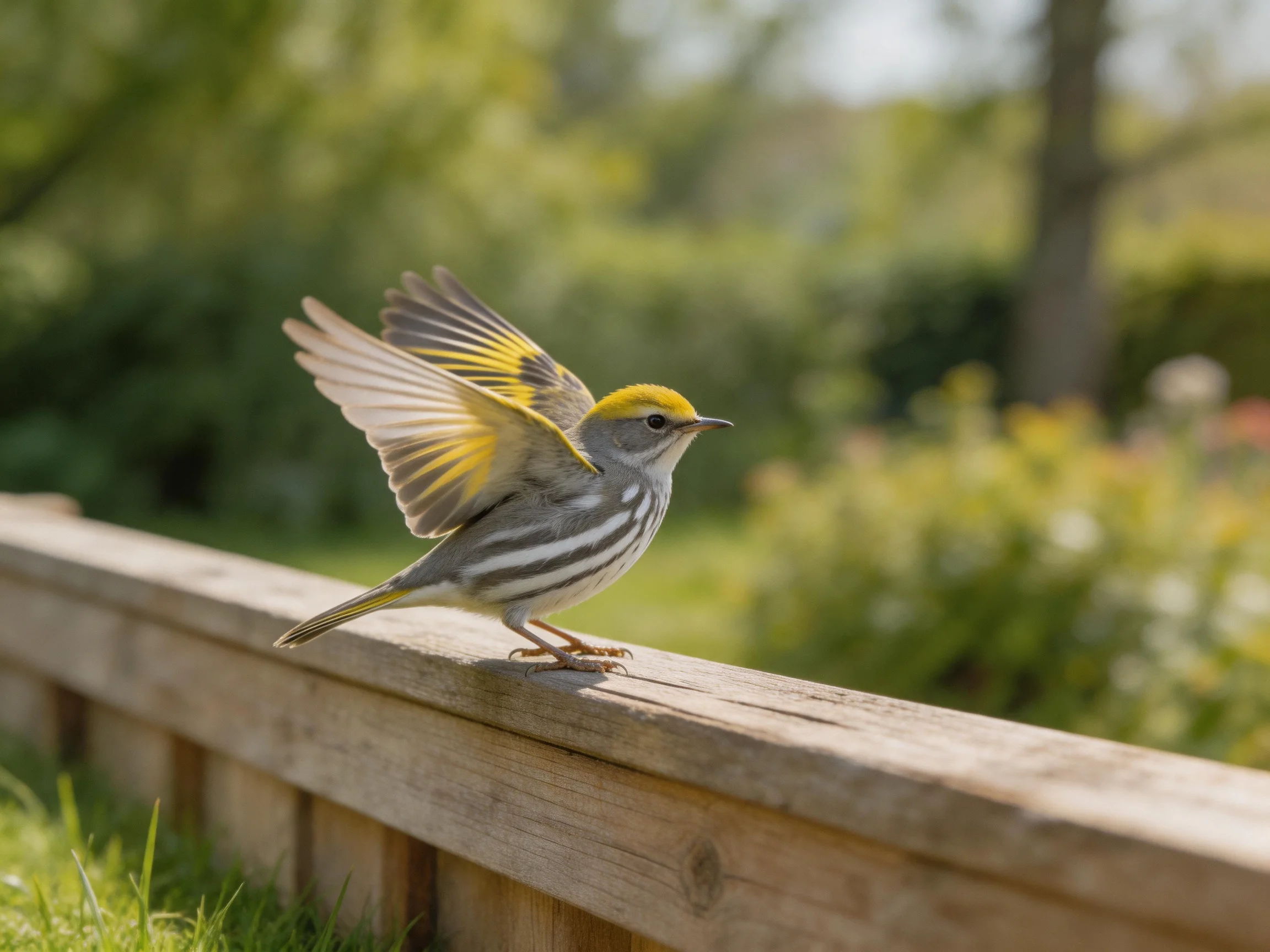 A small yellow-headed bird spreads wings on a wooden fence