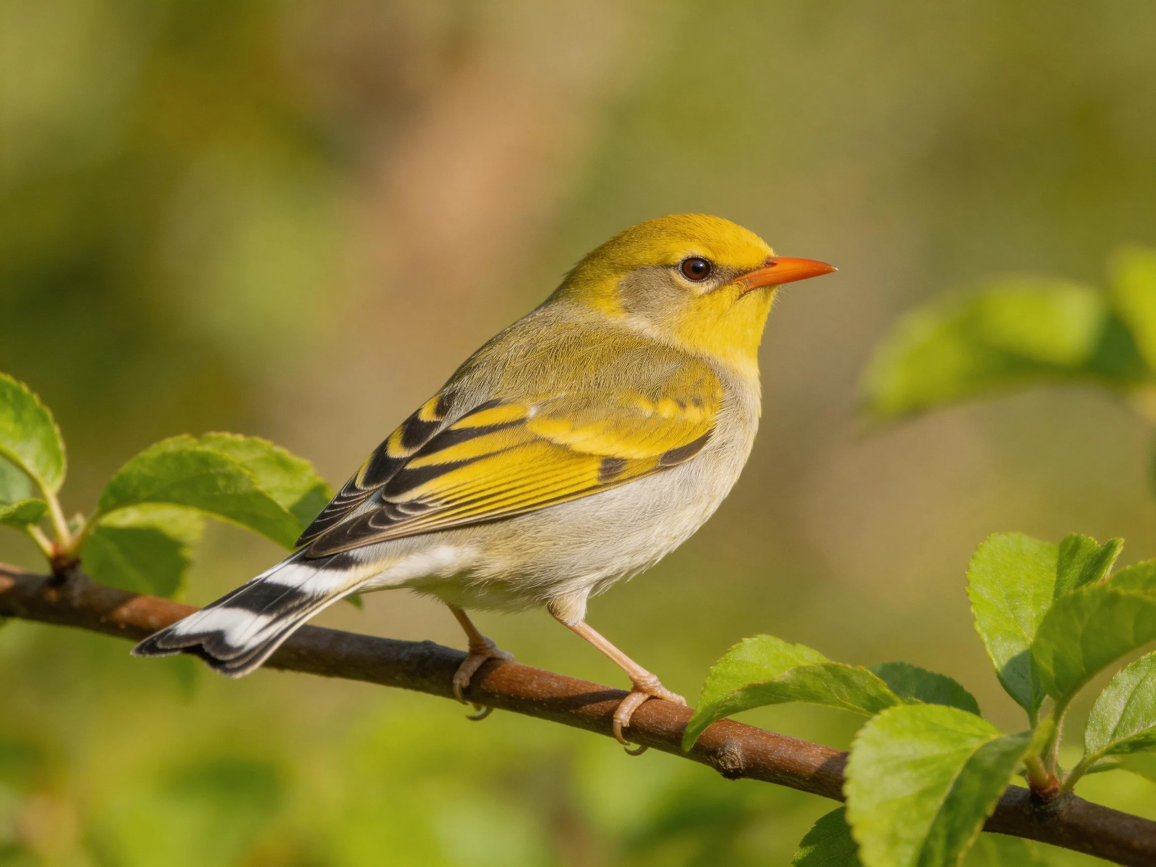 A small yellow-headed bird with an orange beak rests on a branch amid green foliage.