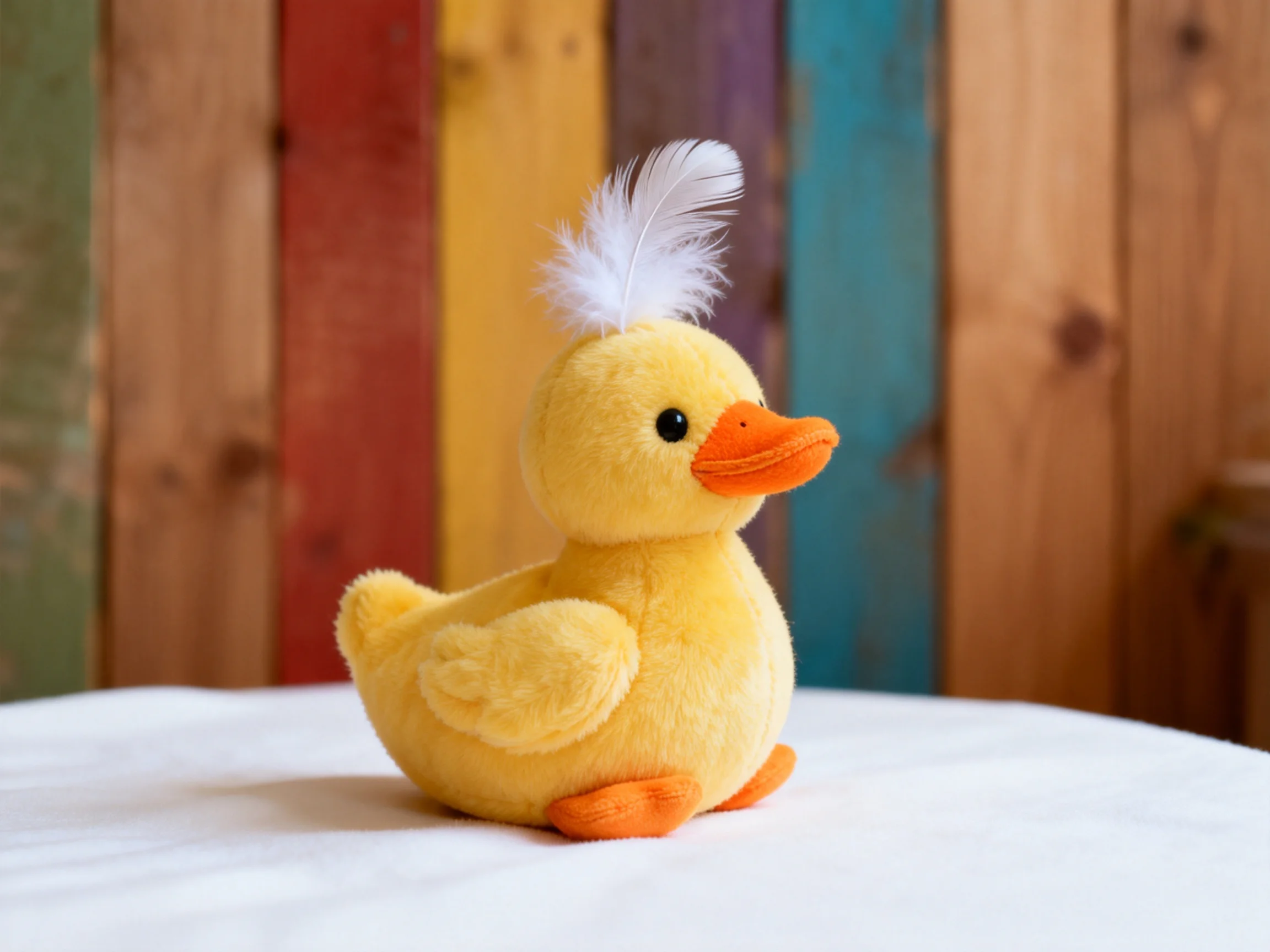 A small yellow plush duck with white feather near colorful wooden planks