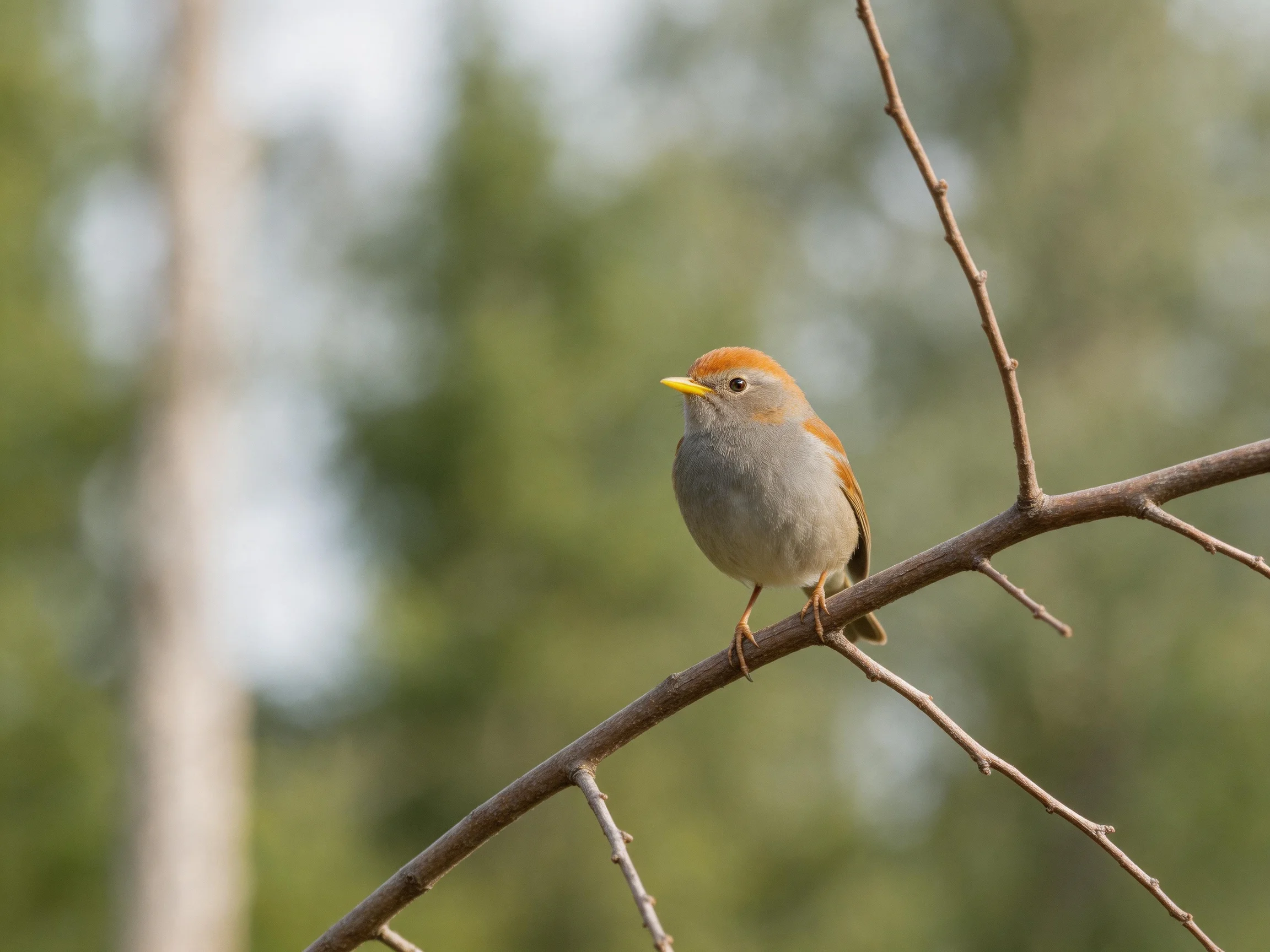 A smallbird with orange crown rests on a thin branch