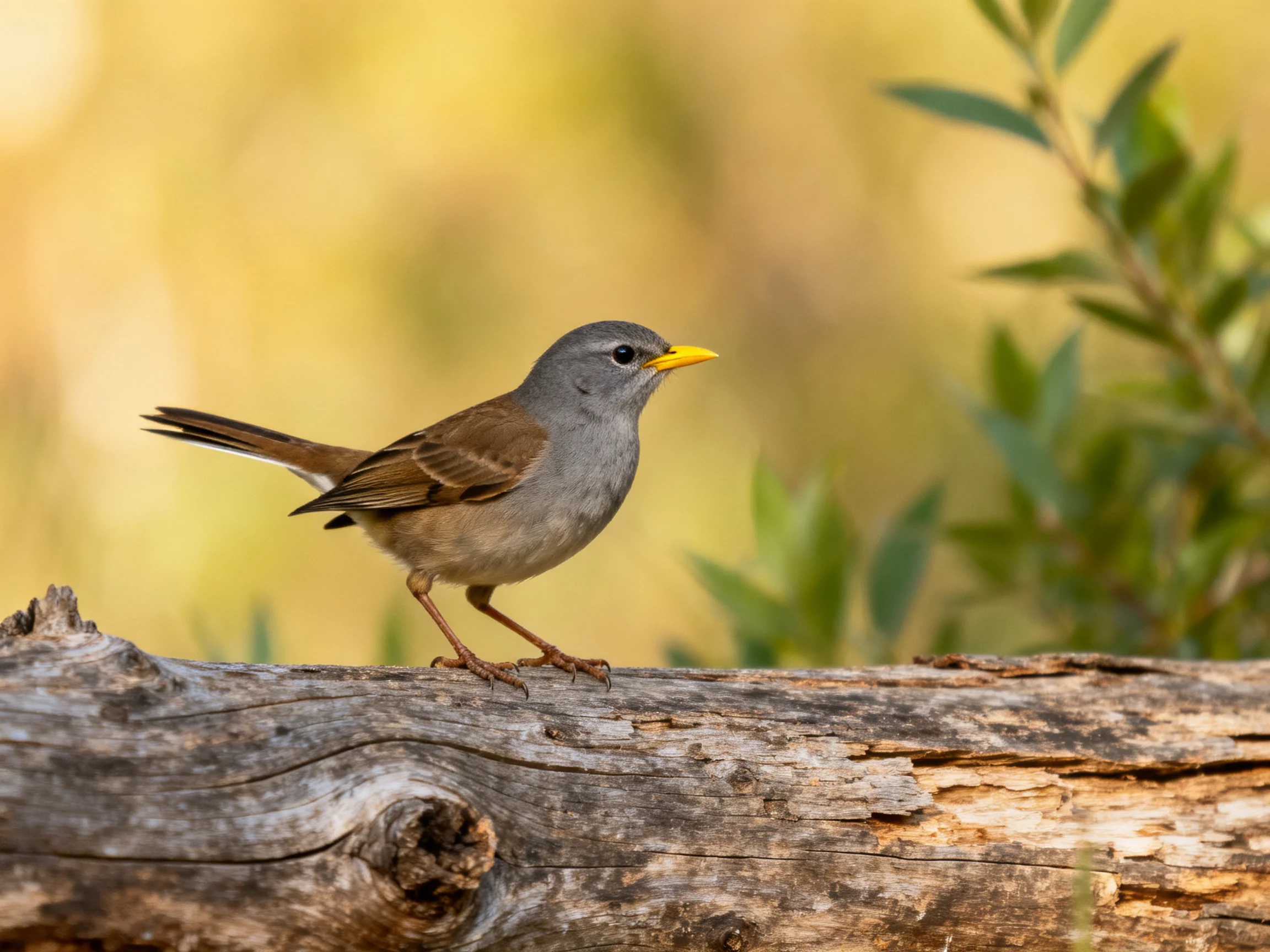 A smallgray-brown bird with a bright yellow beak perches on a weathered log.